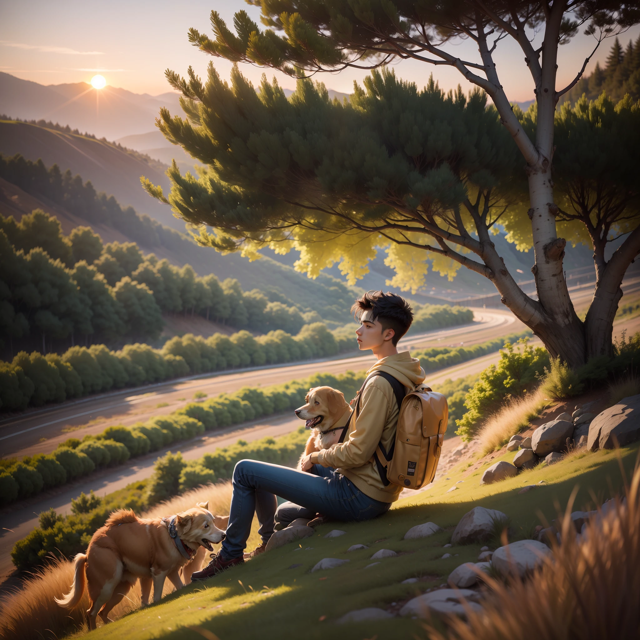 A ager,Stand on the edge of a cliff at dusk,Side face,There is a golden retriever sitting next to him,grass field,the setting sun,light wind,Handsome teen,Youthful style,The teenagerod,The teenager wasrying a backpack,There are pendants hanging from the backpack