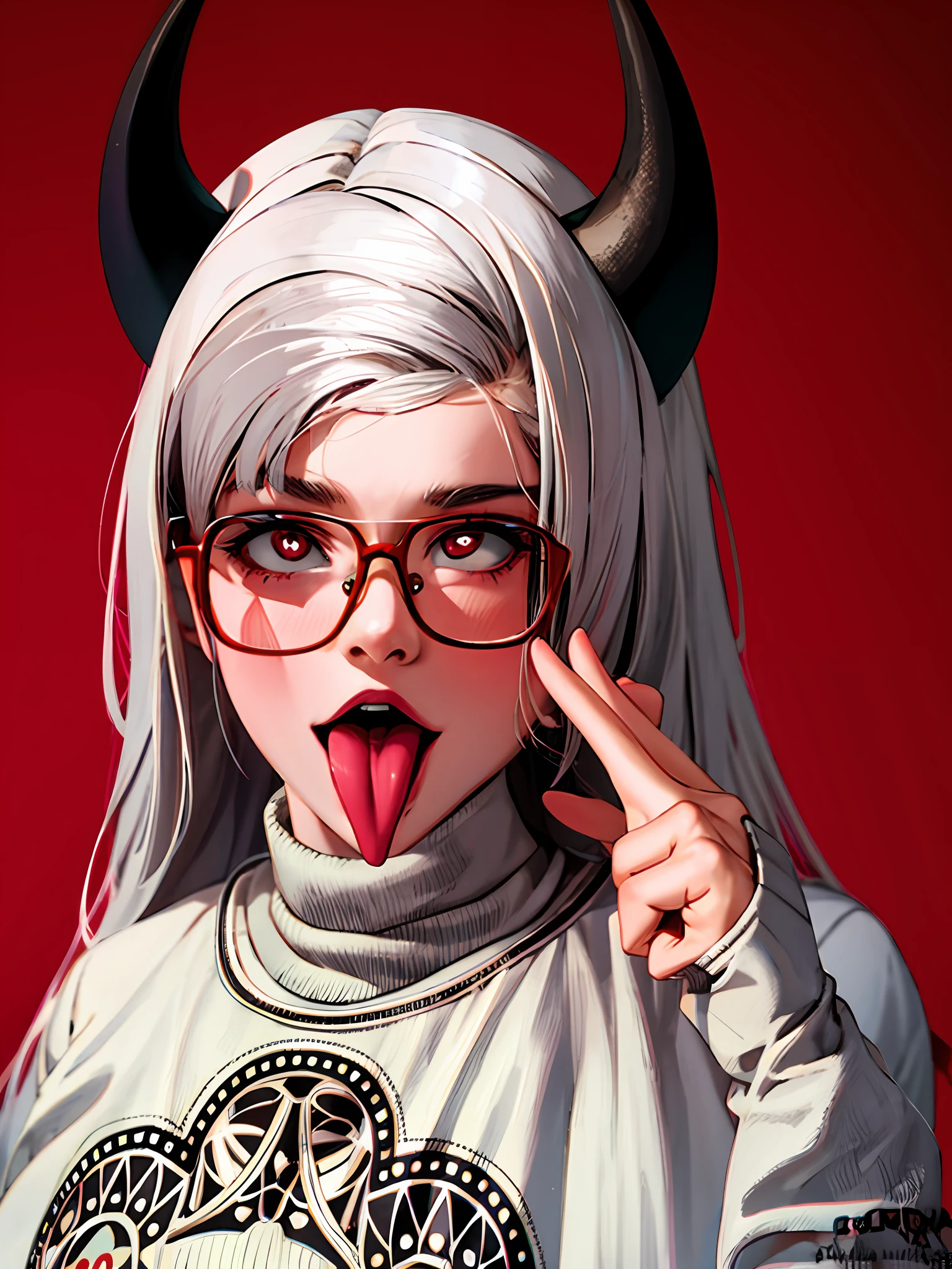 masterpiece, best quality, modeus(helltaker), drooling, formal, black horns, large breasts, open mouth, simple background, red eyes, long sleeves, symbol-shaped pupils, upper body, solo, sweater, white hair, black suit, ribbed sweater, blush, turtleneck, 1girl, heart, jacket, demon horns, horns, heart-shaped pupils, red sweater, red background, looking at viewer, own hands together, suit, demon girl, tongue out, ahegao