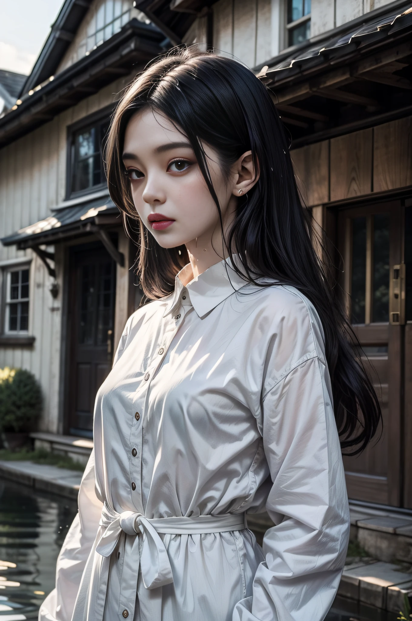 Young long black hair beauty、Ghostly pale skin、Thin white long sleeves that stick to the skin when wet、Old house in the background、Staring at me intently