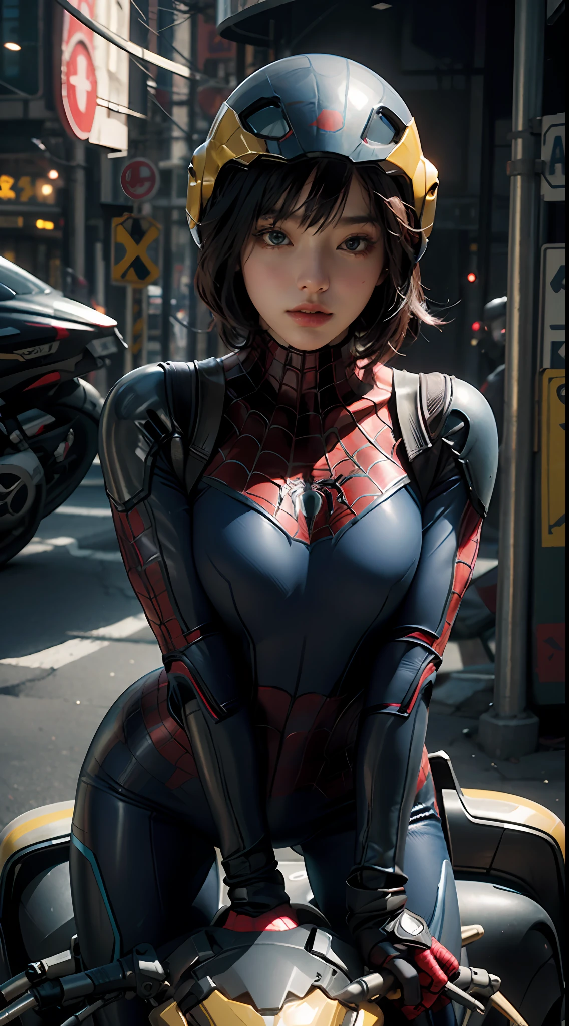 the highest picture quality、Exceptional detail、ultra-highres、(realistness:1.4)、the best illustration、Prefer details、Highly condensed 1girl、delicate and beautiful face、Dressed in blue and yellow mechs、Wearing a mecha helmet、Has a direction controller、Riding a motorcycle、The background is a high-tech lighting scene of a futuristic city。Cute Beautiful Girl、Wearing a Spider-Man suit。