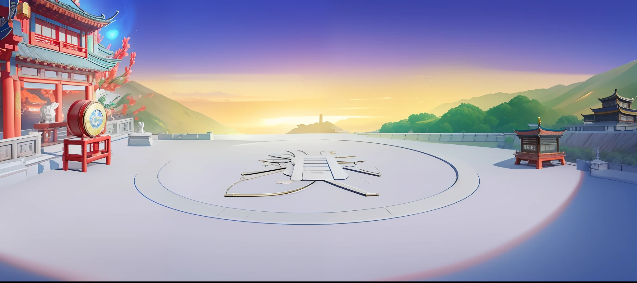 There is a painting of Chinese architecture,There is a clock in the middle, temple background, Zen temple background, background depicting a temple, game background, light kingdom backdrop, anime background key visual, arena background, palace background, anime beautiful peace scene, anime backgrounds, Mobile game background, odin's stone arena background, random background scene, scenery background, Anime background art