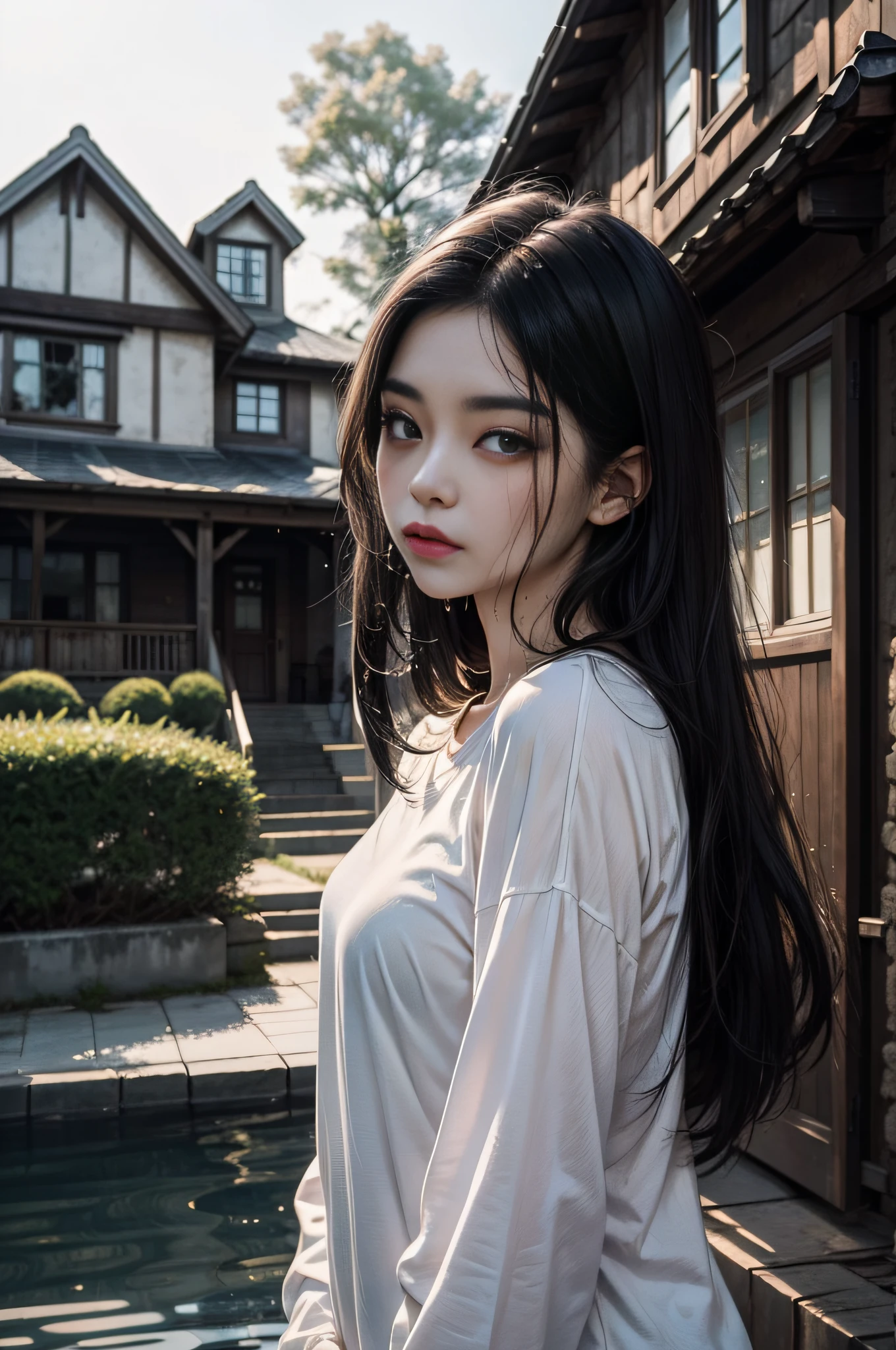 Young long black hair beauty、Ghostly pale skin、Thin white long sleeves that stick to the skin when wet、Old house in the background、Staring at me intently