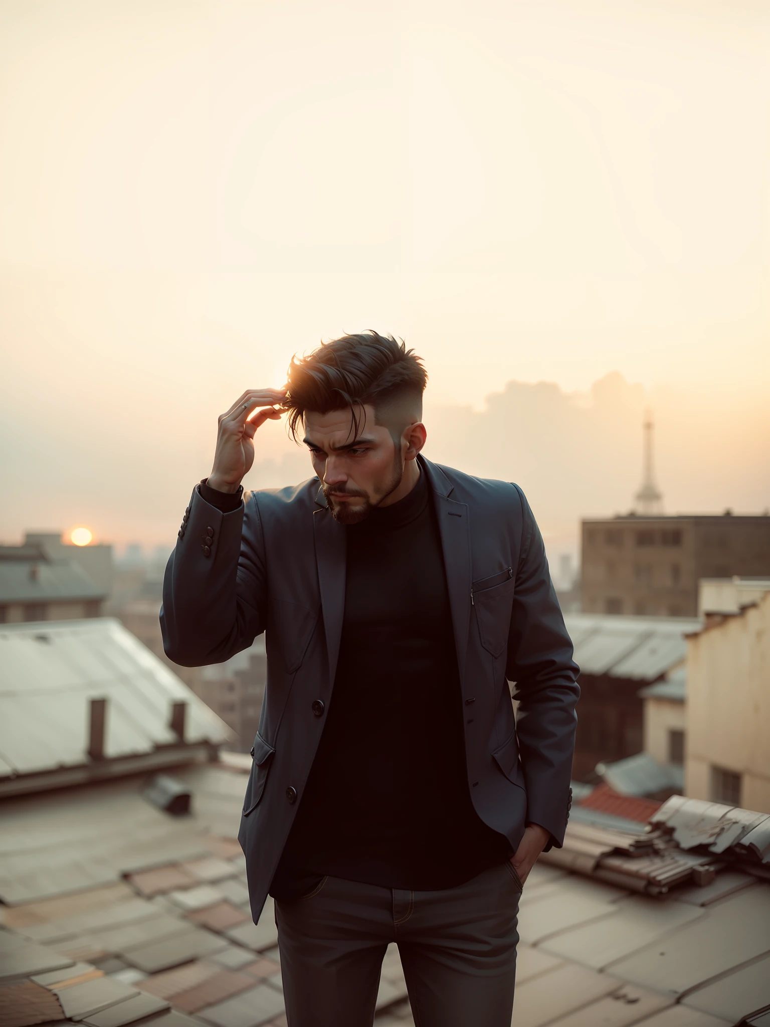 Smaal buildings in background, on the roof of the building, hyper realistic lighting, sunset