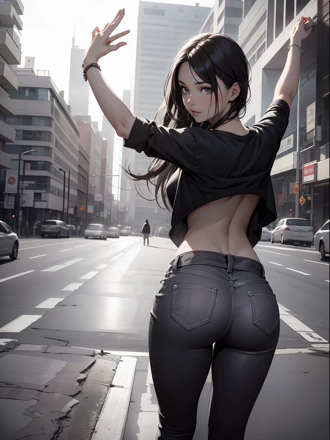 woman, (((from below))), busy city, foreshortening, (seductive pose), looking at viewer, mad, blackcutoffs, (eye contact), african, photorealistic, masterpiece, realistic, high contrast, hyper detailed, best quality, ultra high res, photorealistic, high resolution, detailed, raw photo,