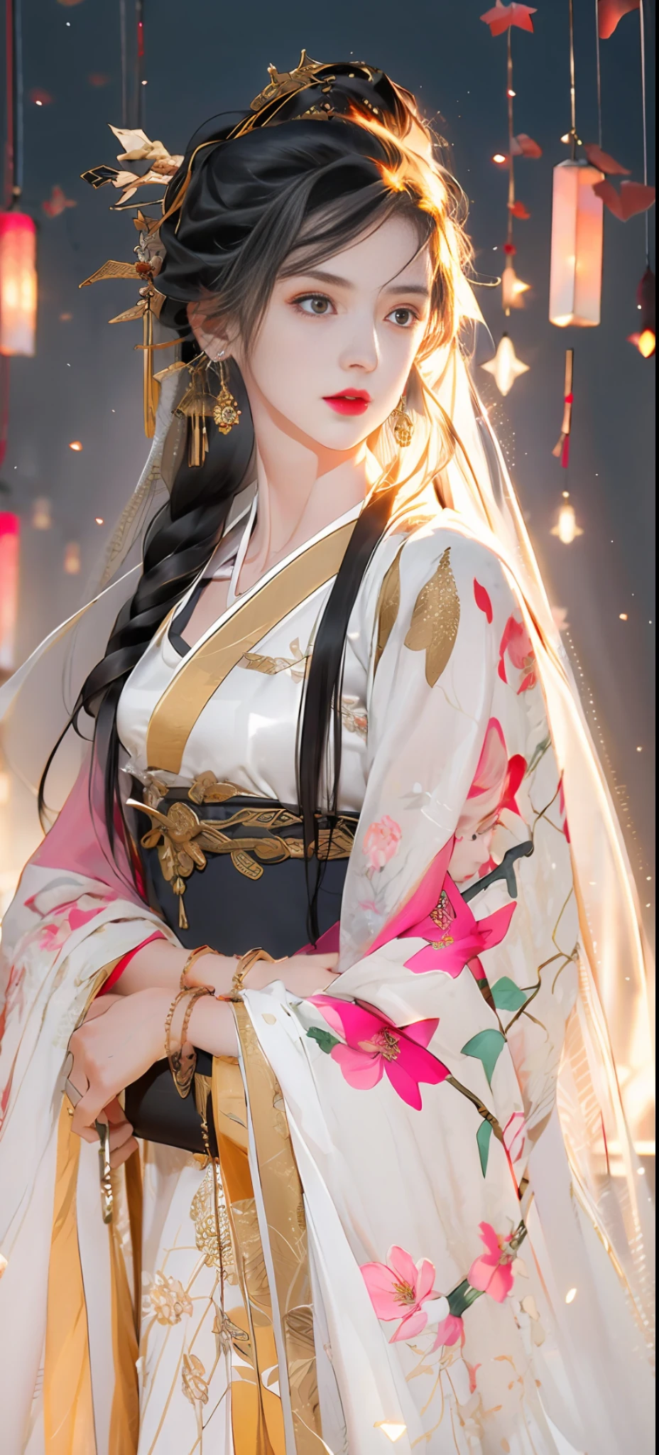 Beautiful details for girls，Very detailed eyes and face，beautiful eyes in detail，Ultra-detailded，high resolucion，Very detailed，The best quality，illustration，exquisite detailing，Best quality，Very detailed CG，8k壁紙，agirl，woods，Long black hair，ponytailhair，Gold ornaments，bangle，(White veil)，Beauty of the Western Regions，With a machete，(((Pink clothes)))，peach blossom，Lanterns，complex texture，Hanfu，streamers，sophisticated background，