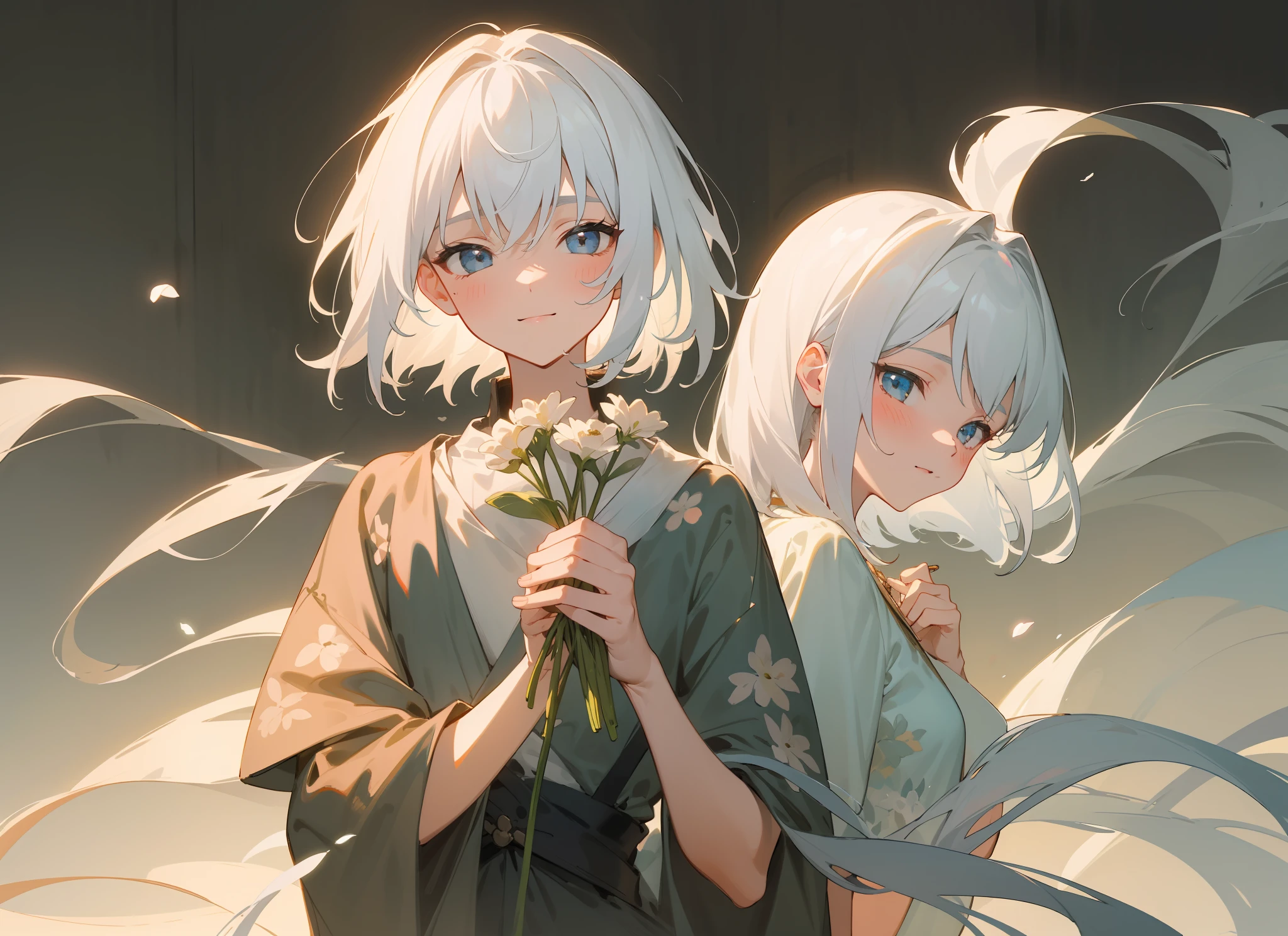 styled, masterpaintings, optimal quality, Special details, illustration,Sweet interaction,Tuuli,florals,Correct proportions,Lover holding flowers,Atmosphere of love,Fresh tones,Simple background,Girls have long white hair,The boy has short white hair,