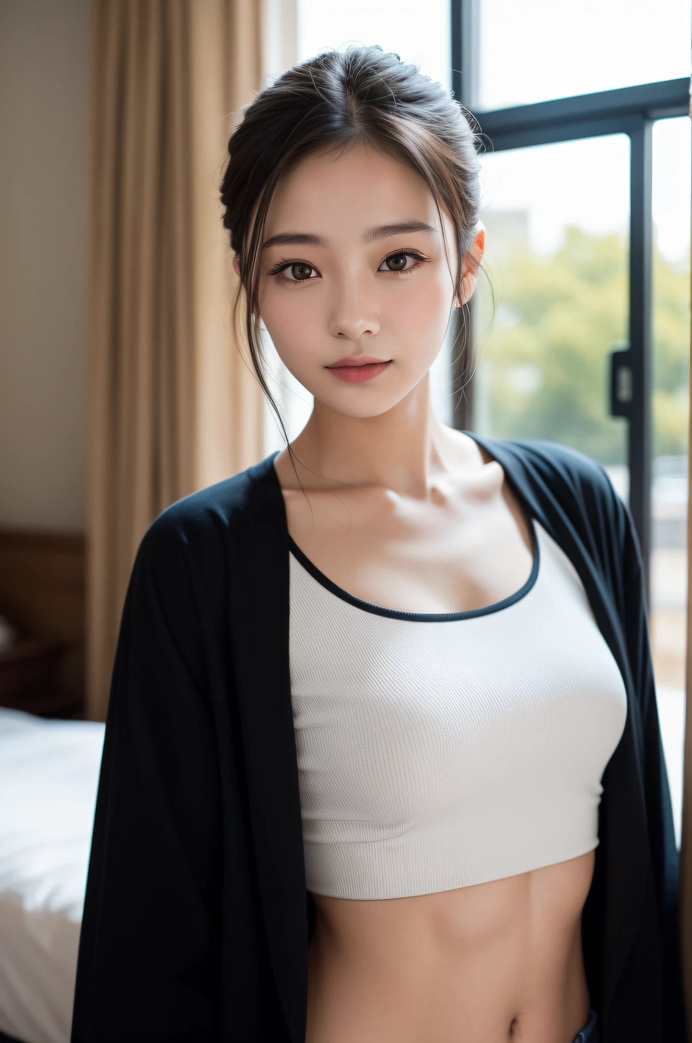 ((the best quality、8K、A masterpice:1.3))、sharp-focus:1.2、(ultra beautiful face:1.0)、(Slender Abs Beauty:1.0)、(shinny skin:1.0)、photograph of-realistic、black har、Realistic pupils、Video Lighting、High-definition eyes and face、Video Lighting、(cow-boy shot:1.3)、swimsuiti、(Korean Cute Actress)、from frontal、middlebreasts、A slight smile