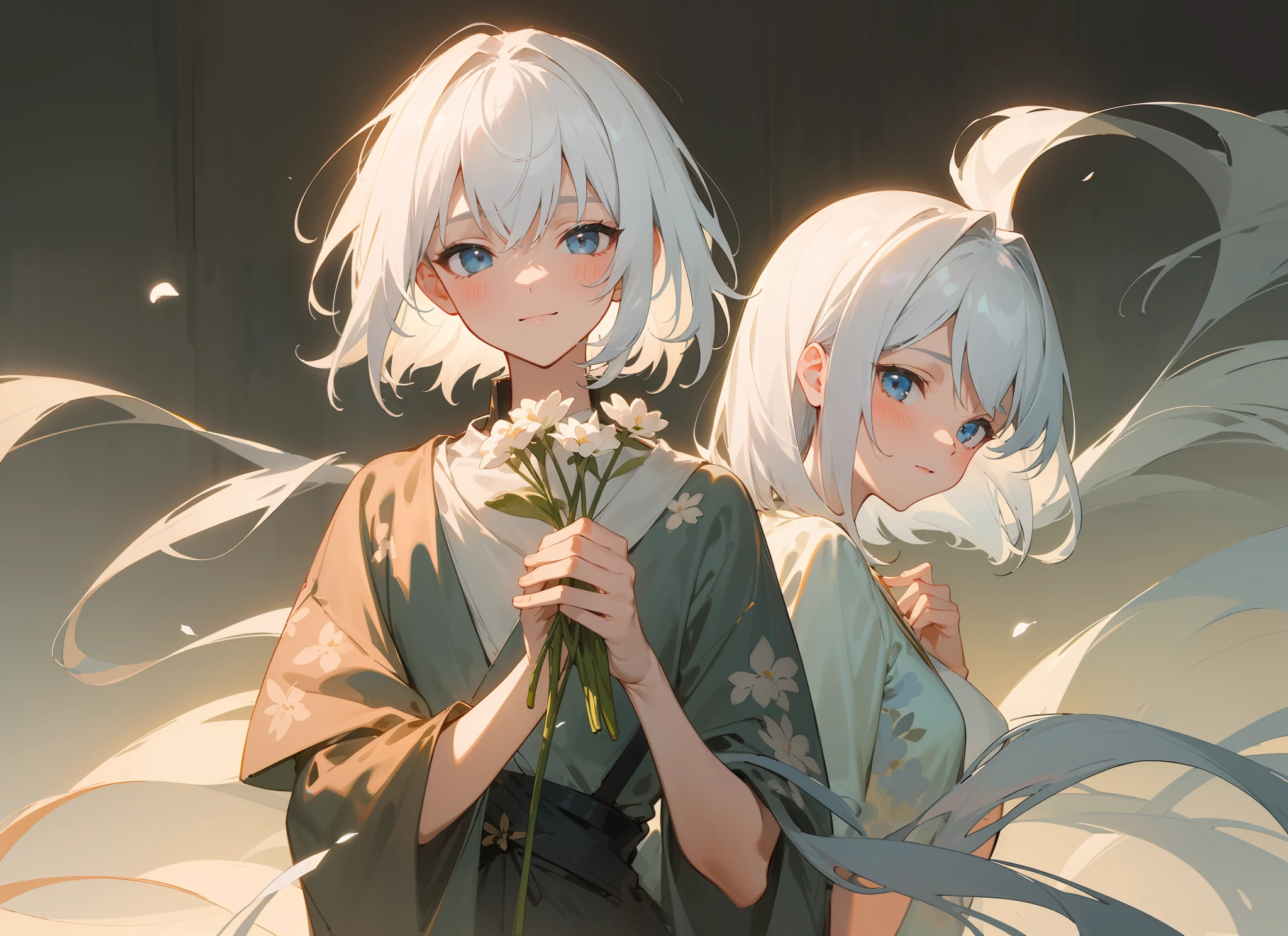 styled， masterpaintings， optimal quality， Special details， illustration，Sweet interaction，Tuuli，florals，Correct proportions，Lover holding flowers，Atmosphere of love，Fresh tones，Simple background，Girls have long white hair，The boy has short white hair，