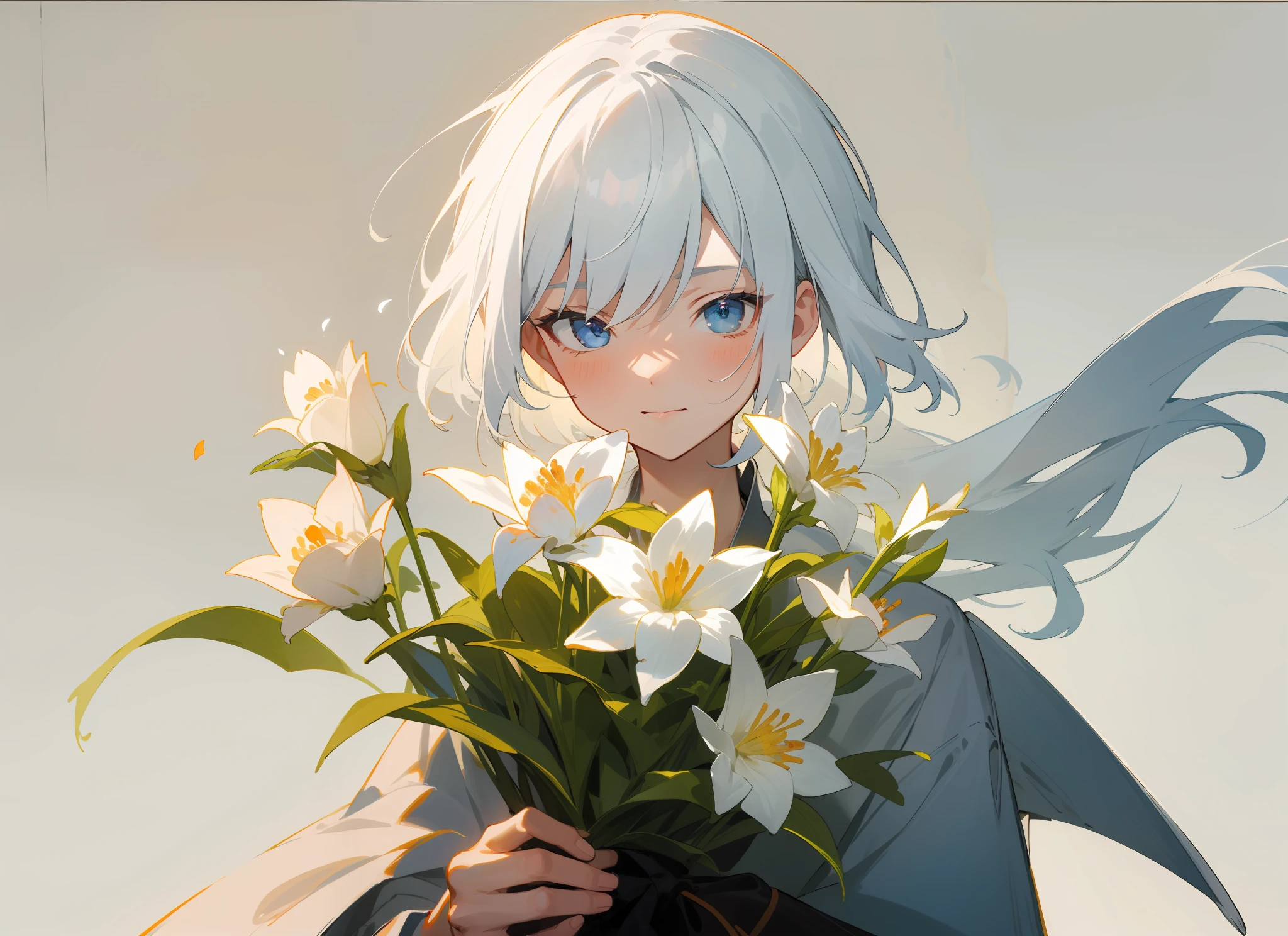 styled， masterpaintings， optimal quality， Special details， illustration，Sweet interaction，Tuuli，florals，Correct proportions，Lover holding flowers，Atmosphere of love，Fresh tones，Simple background，Girls have long white hair，The boy has short white hair，