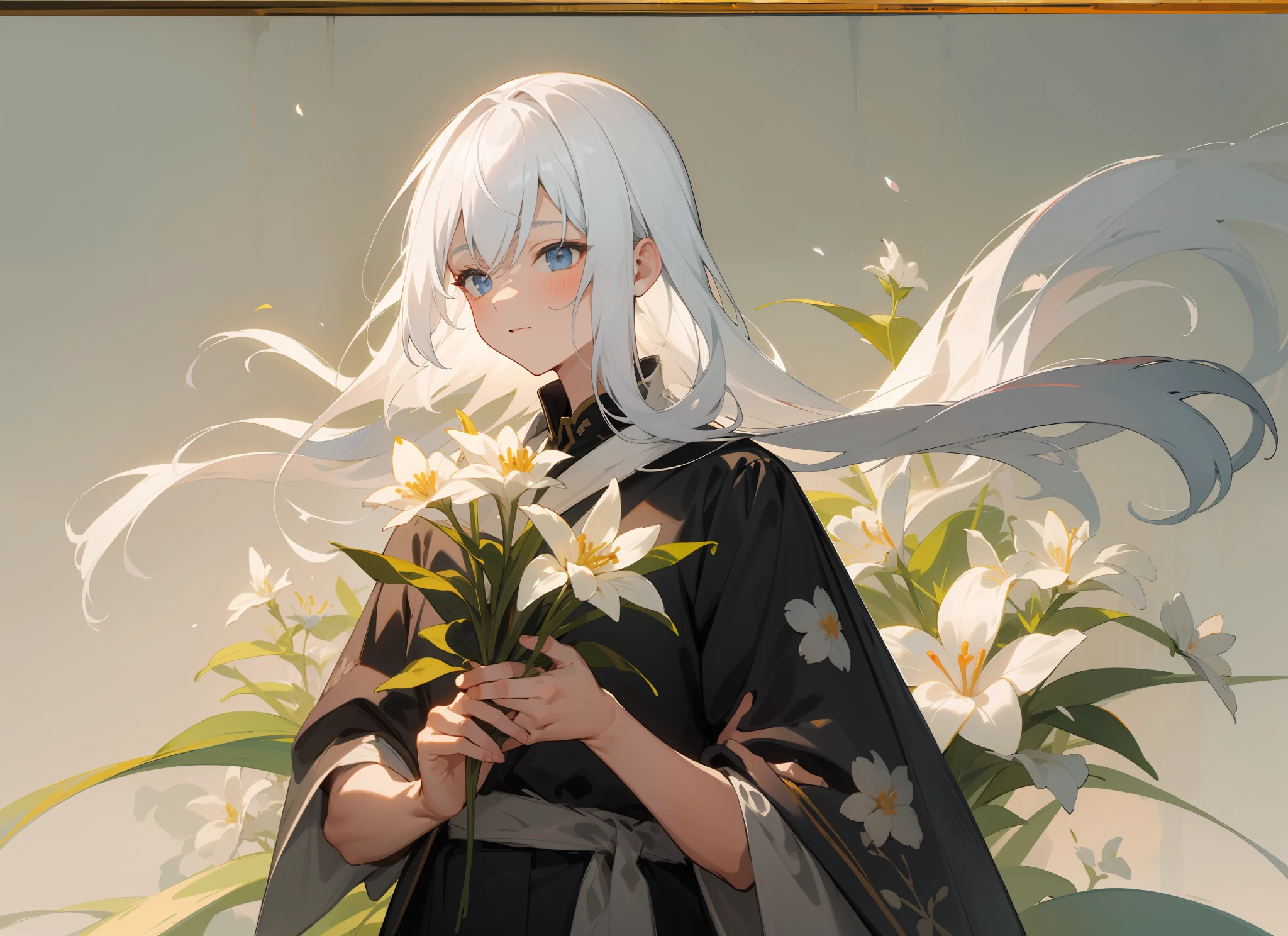 styled, masterpaintings, optimal quality, Special details, illustration,Sweet interaction,Tuuli,florals,Correct proportions,Lover holding flowers,Atmosphere of love,Fresh tones,Simple background,Girls have long white hair,The boy has short white hair,