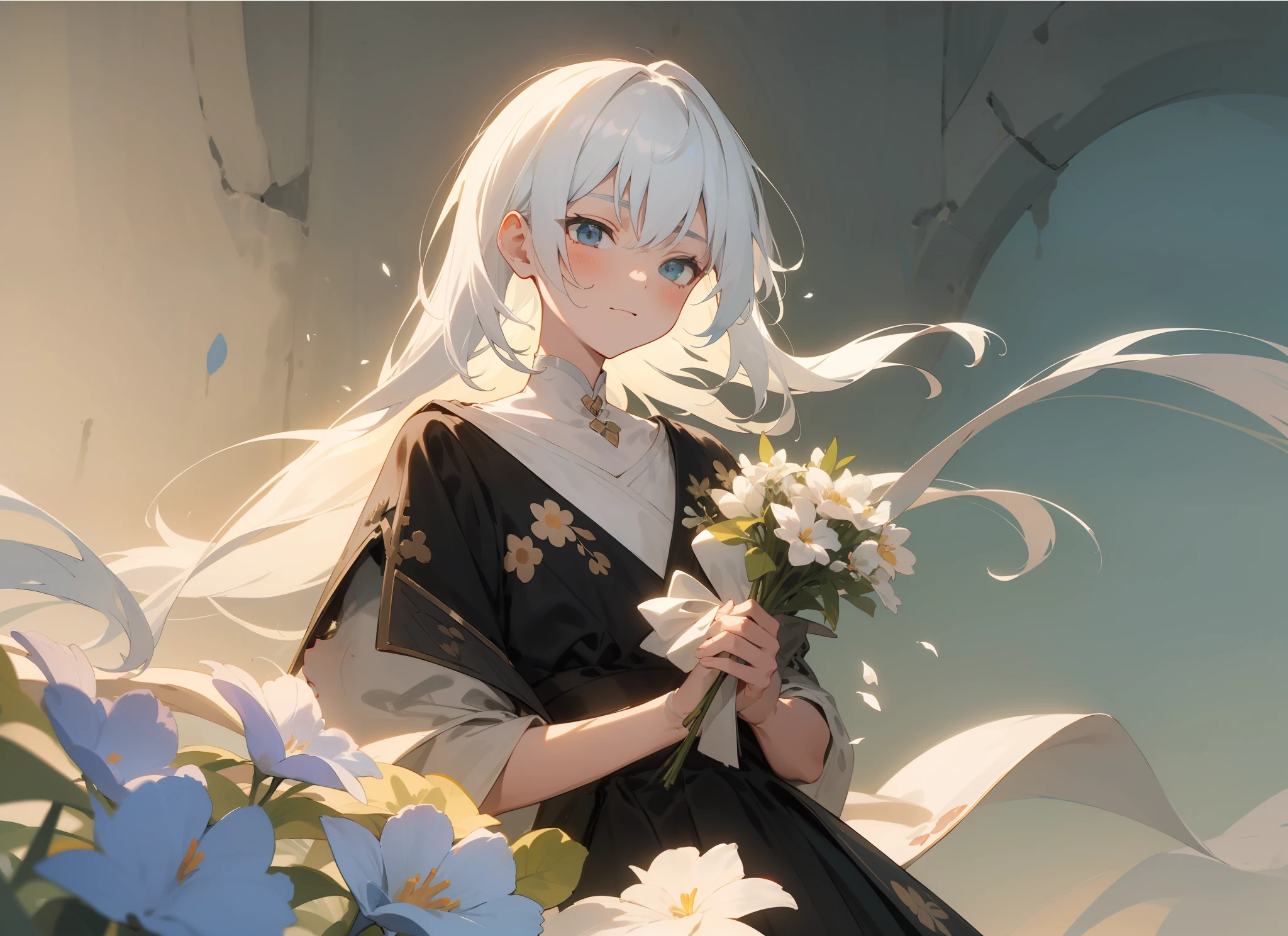 styled， masterpaintings， optimal quality， Special details， illustration，Sweet interaction，Tuuli，florals，Correct proportions，Lover holding flowers，Atmosphere of love，Fresh tones，Simple background，Girls have long white hair，The boy has short white hair，