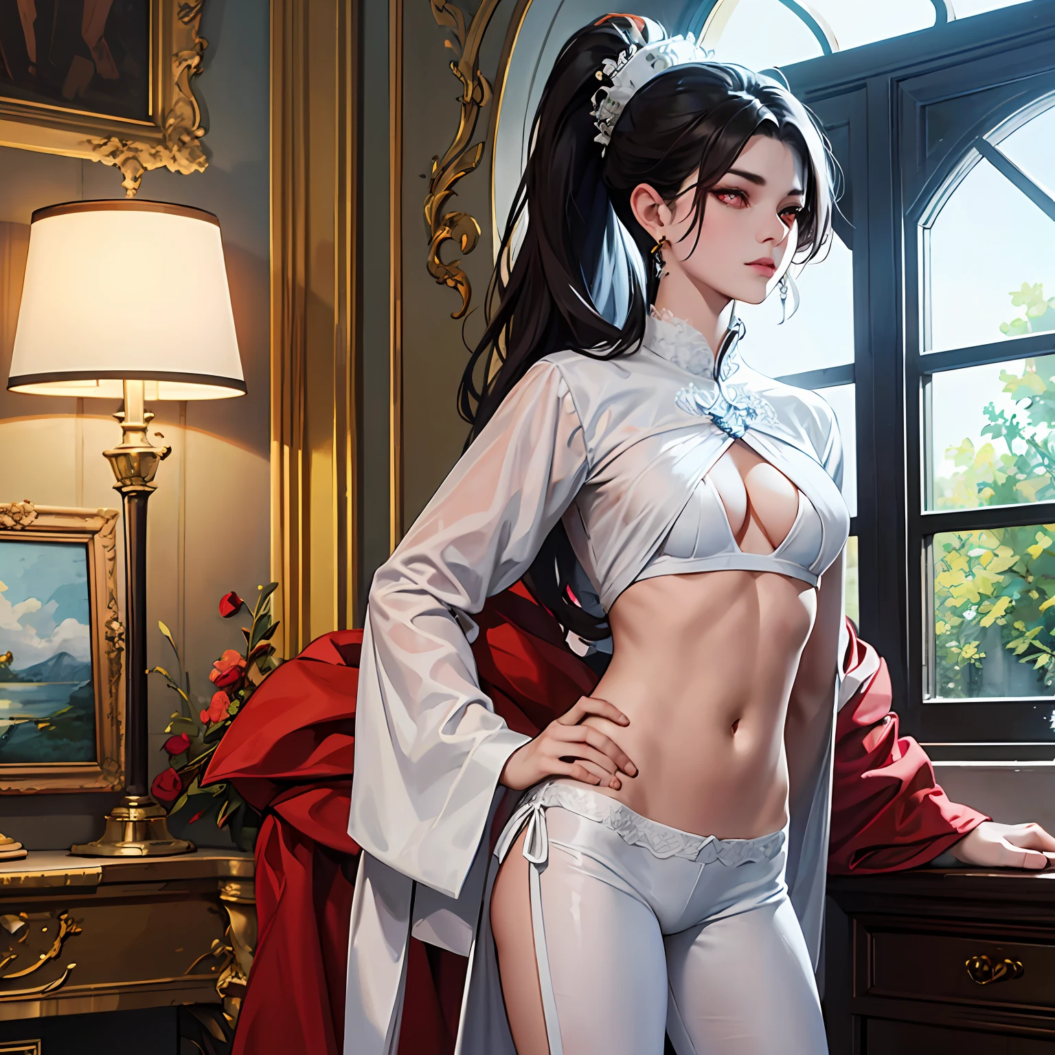 masterpaintings, beste-Quality, 1girl huge large breasts, 独奏, Complicated details, color difference), (realisic),(The skin), 1 girl Shizuku high ponytail, ((Medium breathing)),(black har,bluntbangs),Detailed hair,Red headdress,Blue highlight, Hair is more than one eye,Red eyes, Small earrings, sharp sharp eyes, necklac,((Black crop top cutout)),(Symmetrical eyes),(Perfectly symmetrical body),((natural lights))), The light from the back window is backlighted,To gray walls, dimly lit by,are standing,(looking at the spectator),((Center the lens,from frontal,(Face and waist)Visible chest line Deep V realistic, high resolucion, 1 girl, Black wavy hair, small mole under eyes,Camisa blanca, , Distinct chest line, Long legs, Tightens abs,dynamicpose,Catwalk Chest line Showing belly button, big breasts, sexy lingerie --auto