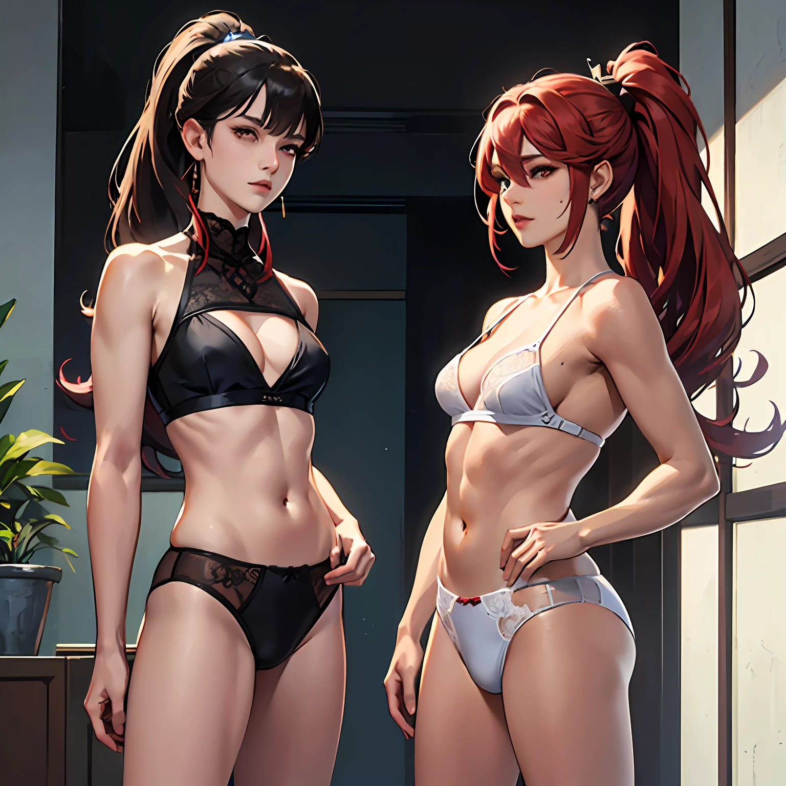 masterpaintings， beste-Quality， 1girl huge large breasts， 独奏， Complicated details， color difference）， （realisic），（The skin）， 1 girl Shizuku high ponytail， （（Medium breathing）），（black har，bluntbangs），Detailed hair，Red headdress，Blue highlight， Hair is more than one eye，Red eyes， Small earrings， sharp sharp eyes， necklac，（（Black crop top cutout）），（Symmetrical eyes），（Perfectly symmetrical body），（（natural lights）））， The light from the back window is backlighted，To gray walls， dimly lit by，are standing，（looking at the spectator），（（Center the lens，from frontal，（Face and waist）Visible chest line Deep V realistic, high resolucion, 1 girl, Black wavy hair, small mole under eyes,Camisa blanca, , Distinct chest line, Long legs, Tightens abs，dynamicpose，Catwalk Chest line Showing belly button, big breasts, sexy lingerie --auto