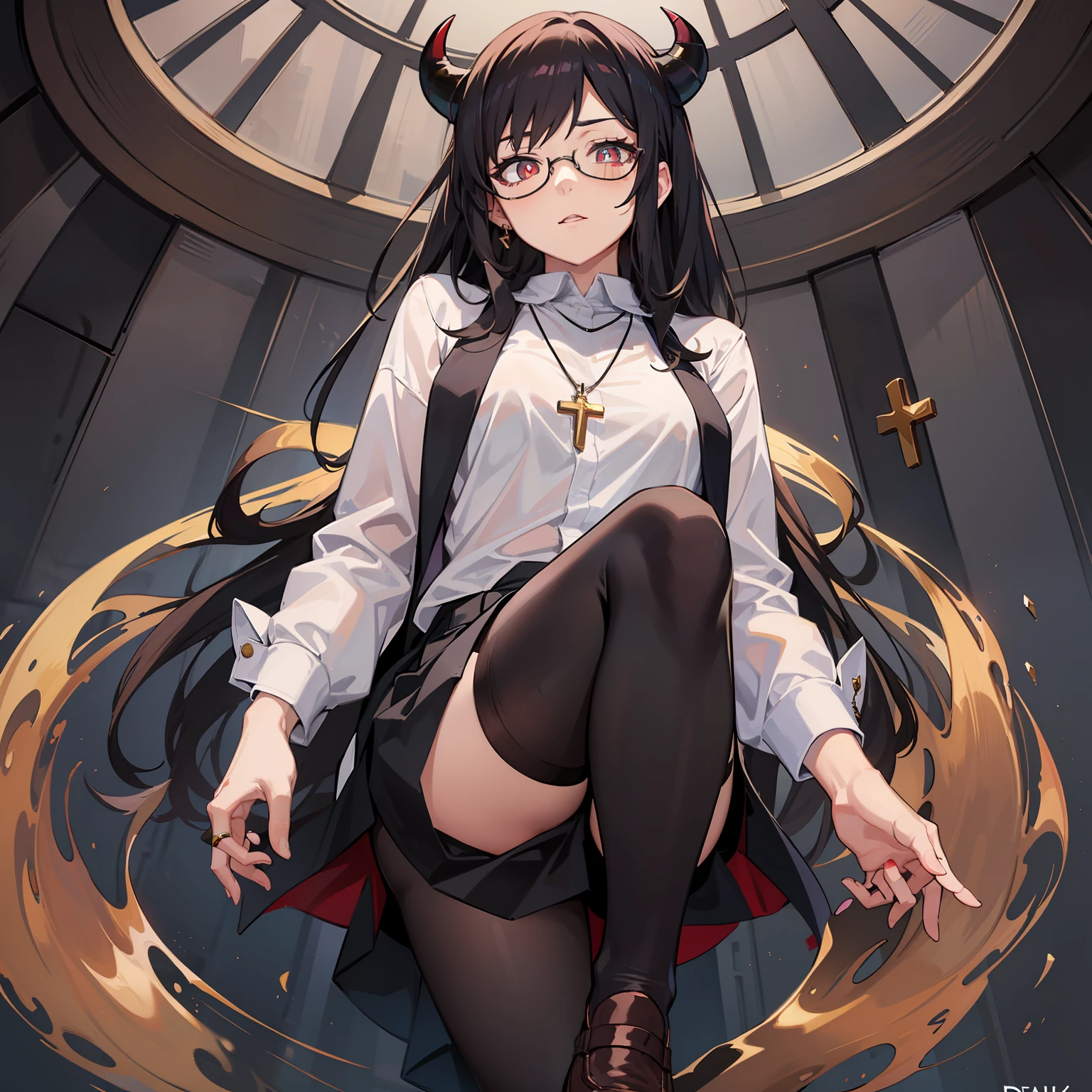 female demigod, Petite body, black middle length hair, devil pupils, eye glass, White shirt, Cross necklace, brown monk shoes, shaded face, Villain, anime figure