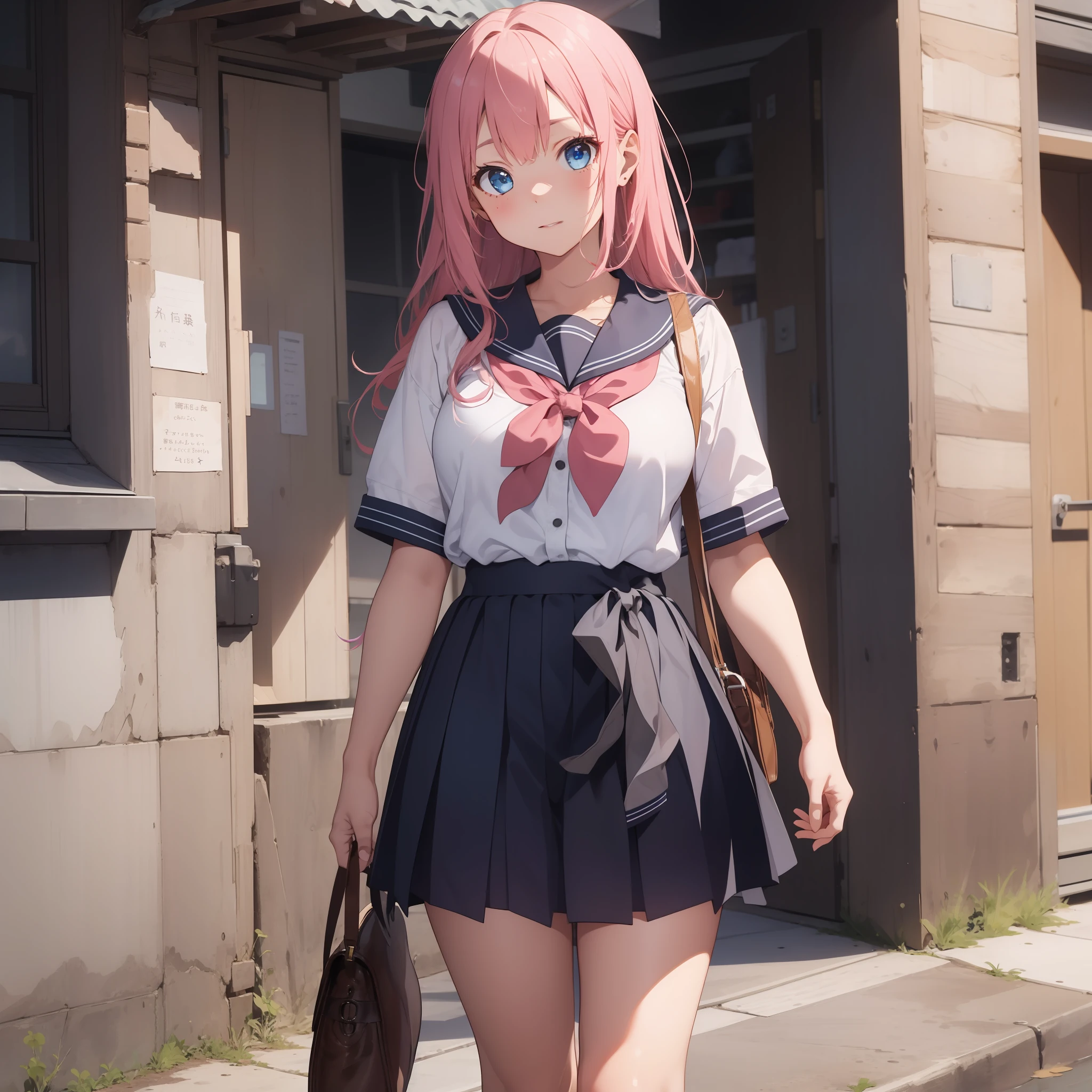 ((A masterpice))、((beste-Quality)、(Super Detail)、8K、, (Ultra-detailed), amazing, girl, 18 years old, Whole human body, Pink hair, Long hair, Normal breasts, slender weist, slender leg, Enraptured face, Beautiful eyes, Blue eyes, drooping eyes, Sailor Uniform, dark blue sox, Brown loafers, Schools、Walking
