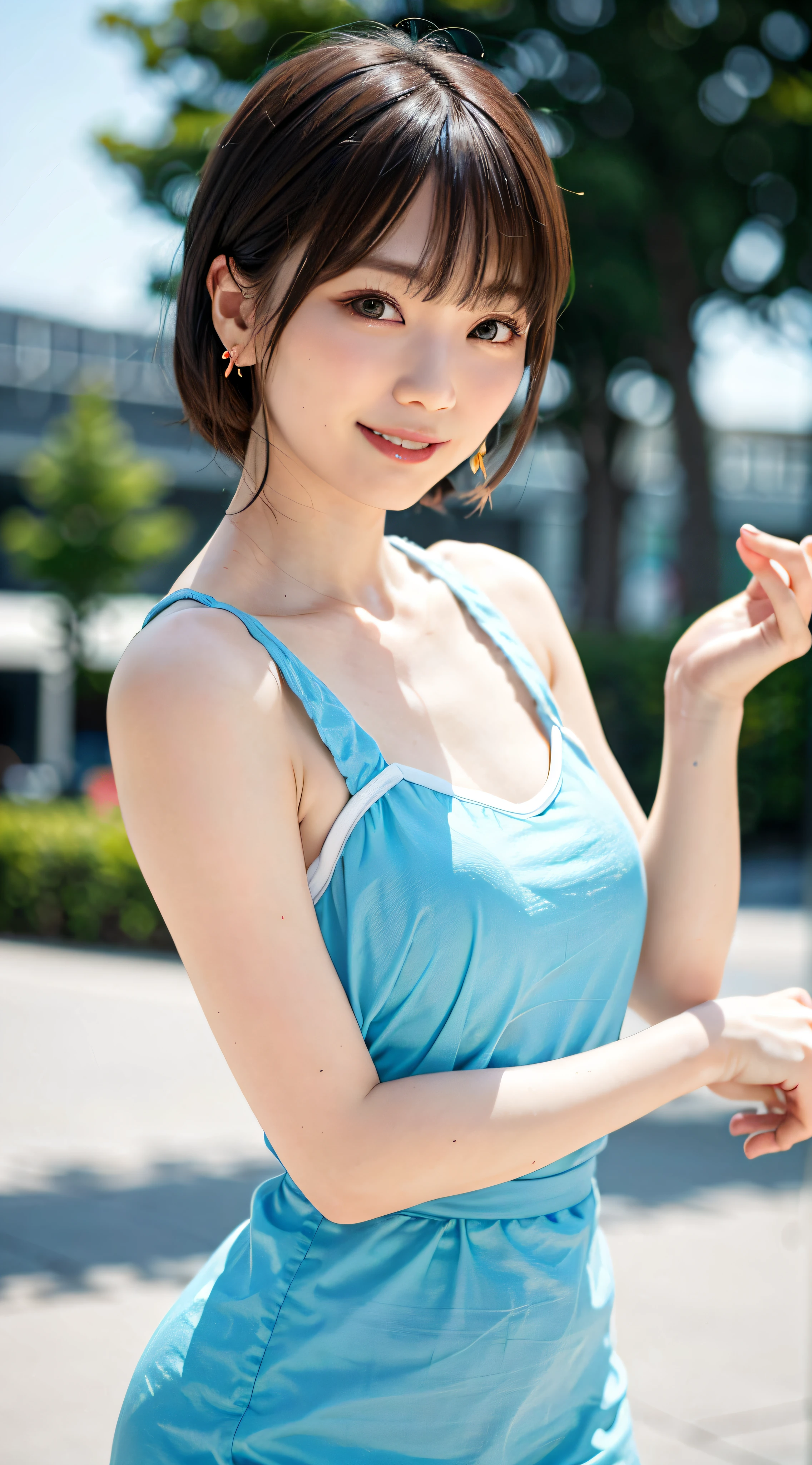 Woman posing on street corner in clay dress, top quality, one girl, big breasts, sun, bright, blurred background, bokeh, outdoor, (street: 0.8), (people, crowd: 1), dress (cropped with lace): 1.5, sleeveless dress, gray color clothing, gradeless: 1.5), gorgeous (short hair, forehead: 1.2), beautiful sky in detail, earrings, ( Dynamic Pose: 1.2), (Upper Body: 0.8), Soft Lighting, Wind, Glossy Skin, Smile,