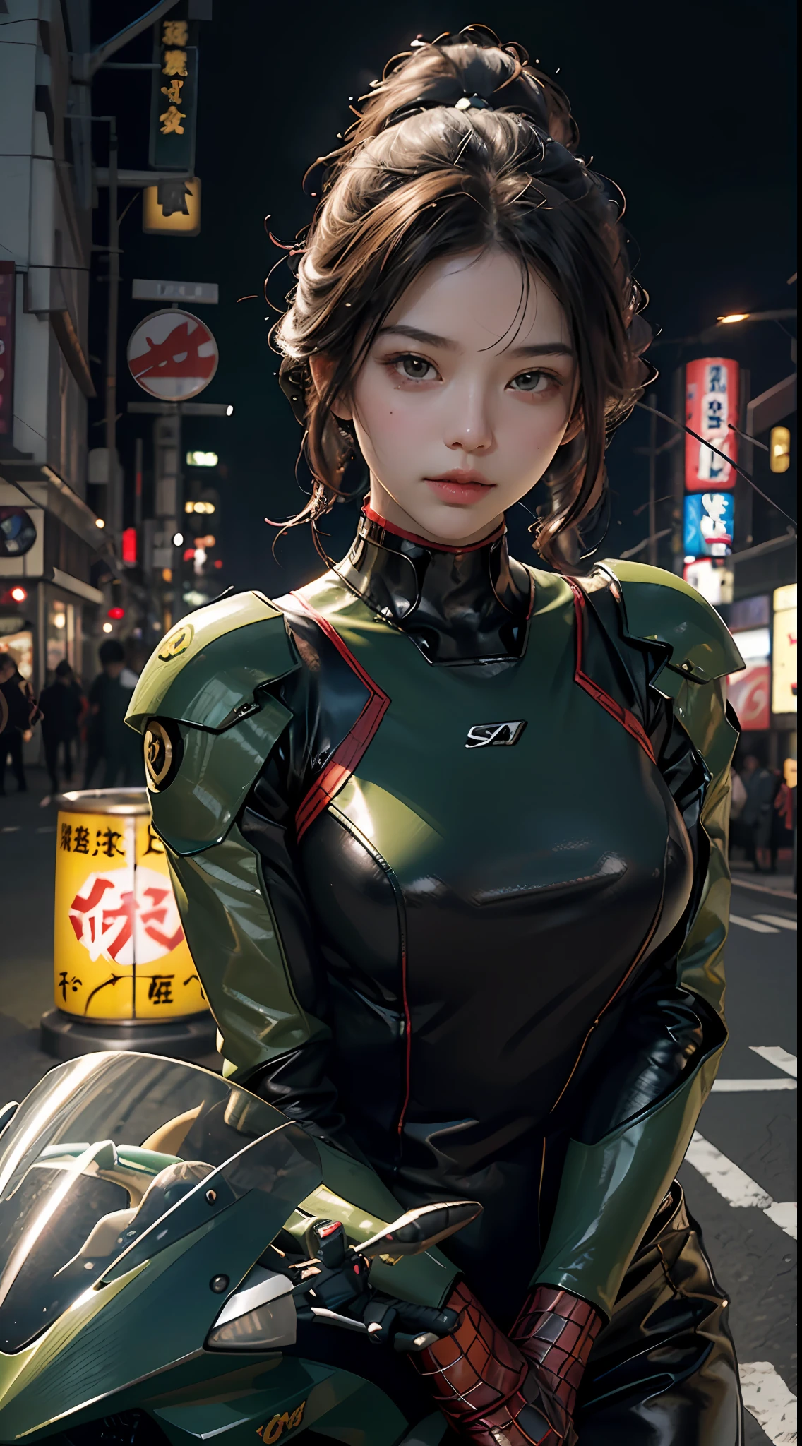 the highest picture quality、Exceptional detail、ultra-highres、(realistness:1.4)、the best illustration、Prefer details、Highly condensed 1girl、delicate and beautiful face、Dressed in black and green mechs、Wearing a mecha helmet、Riding a black motorcycle、The background is a lighting scene in Dotonbori, Osaka。Glico's Signboard、Highly exposed in golden and silver Spider-Man costumes、lower ponytail hair、