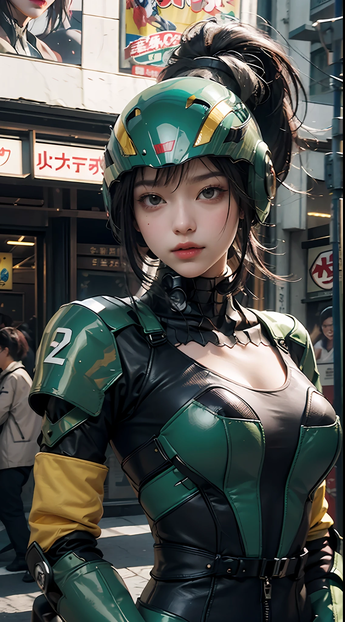 the highest picture quality、Exceptional detail、ultra-highres、(realistness:1.4)、the best illustration、Prefer details、Highly condensed 1girl、delicate and beautiful face、Dressed in black and green mechs、Wearing a mecha helmet、Riding a black motorcycle、The background is a lighting scene in Dotonbori, Osaka。Glico's Signboard、Highly exposed in golden and silver Spider-Man costumes、lower ponytail hair、
