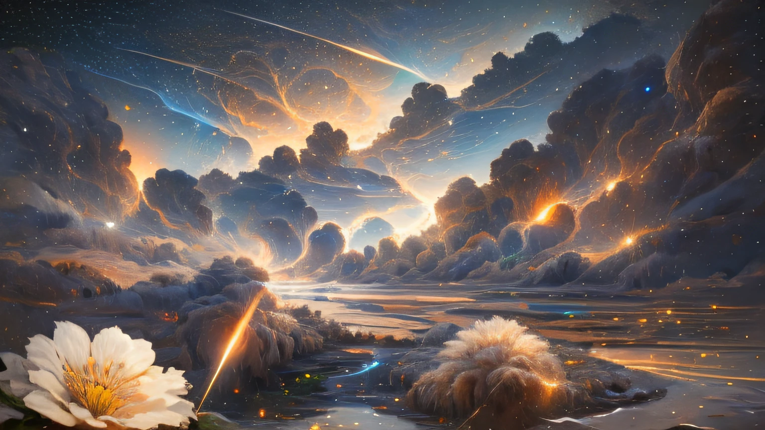 (zoomed out:1.1), (meteor shower:1.2), (comet:1.1), low angle, aroura borealis, shooting star, cloud, colorful, starry, stars, night, flower field, flower blossom, night sky, beautiful flowers, night theme, Surrealism, high detail, from below, from below, Hyperrealism, Impressionism, best quality, masterpiece, UHD, retina, award winning, 4K, anatomically correct, super detail