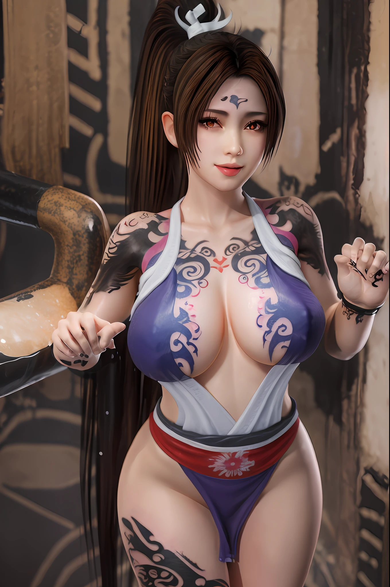 Full body, solo, MaiShiranui, bangs, black hair, blunt bangs, (huge stacked breasts), lips, long hair, moles under the mouth, purple eyes, slightly dilated lip, smile, wear wet see-through white T-shirt, wet skin, Wet hair, Standing in the rainstorm, shame,(color-tattoos:1.5), (masterpiece: 1.4), (best quality: 1.4), real-life portrait photography, (shiny skin), looking at the viewer,Center,