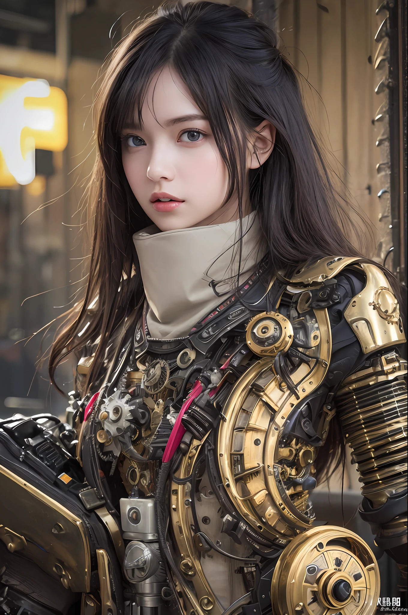 beste-Quality、A masterpice、ultra-high-resolution、(pphotorealistic:1.4)、Raw photo、女の子1人、Black hair、glowy skin、1 Mechanical Girl、((hyper-realistic details))、portlate、Global Illumination、Shadow、Rendu octane、8K、ultrasharp、large tits、Raw skin is exposed in cleavage、metals、Details of complex ornaments、Steampunk details、Analog Meter、cog、gear、Golden hydraulic cylinder、hyper intricate details、Realistic light、CGSoation Trends、purple colored eyes、eyes glowing、Facing the camera、neon details、Mechanical limbs、blood vessels connected to tubes、Mechanical vertebrae attached to the back、mechanical cervical attaching to neck、sitting on、Wires and cables connecting to the head、Gundam、Small LED lamp、The background is a steampunk city、