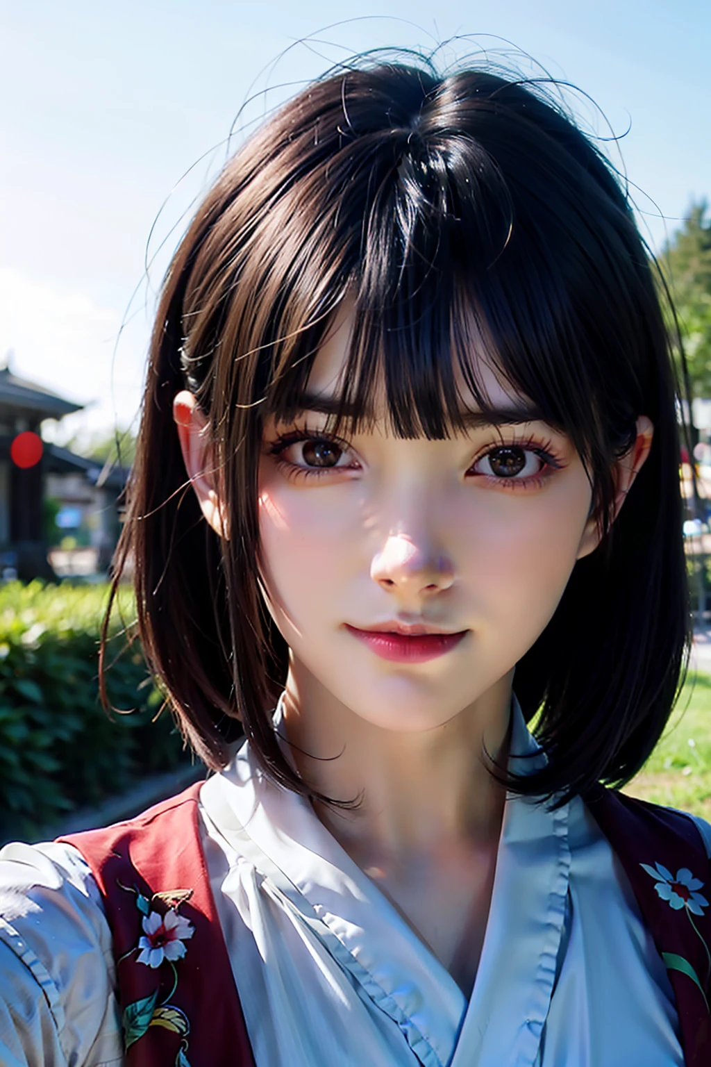 (high resolucion:1.3), (8k, pphotorealistic, RAW photos, optimal quality: 1.4), Japanese, (1girl huge large breasts),Shy girl, beatutiful face, (Realistic face), (black har, short-cut hair:1.3), Beautiful hairstyle, realisticeyes, beautiful details eyes, (Realistic skin), Beautiful skins, Attractive, ultra-high-resolution, Ultra photo realsisim, highly - detailed, the golden ratio, plein-air, Tuuli,from from below, Pink floral print blouse