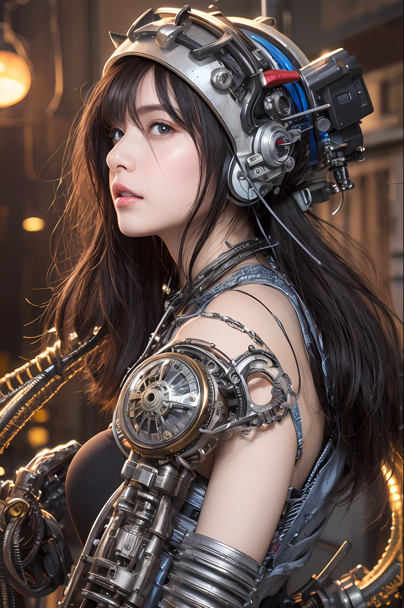 beste-Quality、A masterpice、ultra-high-resolution、(pphotorealistic:1.4)、Raw photo、女の子1人、Black hair、glowy skin、1 Mechanical Girl、((hyper-realistic details))、portlate、Global Illumination、Shadow、Rendu octane、8K、ultrasharp、large tits、Raw skin is exposed in cleavage、metals、Details of complex ornaments、Steampunk details、Analog Meter、cog、gear、Golden hydraulic cylinder、hyper intricate details、Realistic light、CGSoation Trends、purple colored eyes、eyes glowing、Facing the camera、neon details、Mechanical limbs、blood vessels connected to tubes、Mechanical vertebrae attached to the back、mechanical cervical attaching to neck、sitting on、Wires and cables connecting to the head、Gundam、Small LED lamp、The background is a steampunk city、