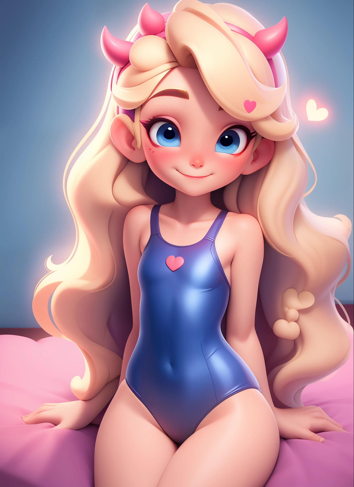 1girl,  looking at scenes, Solo,in the bed,
star butterfly, blonde hair, blue eyes, swimsuit ,facial mark, fake horns, hairband, heart cheeks, horned headwear, hair long,