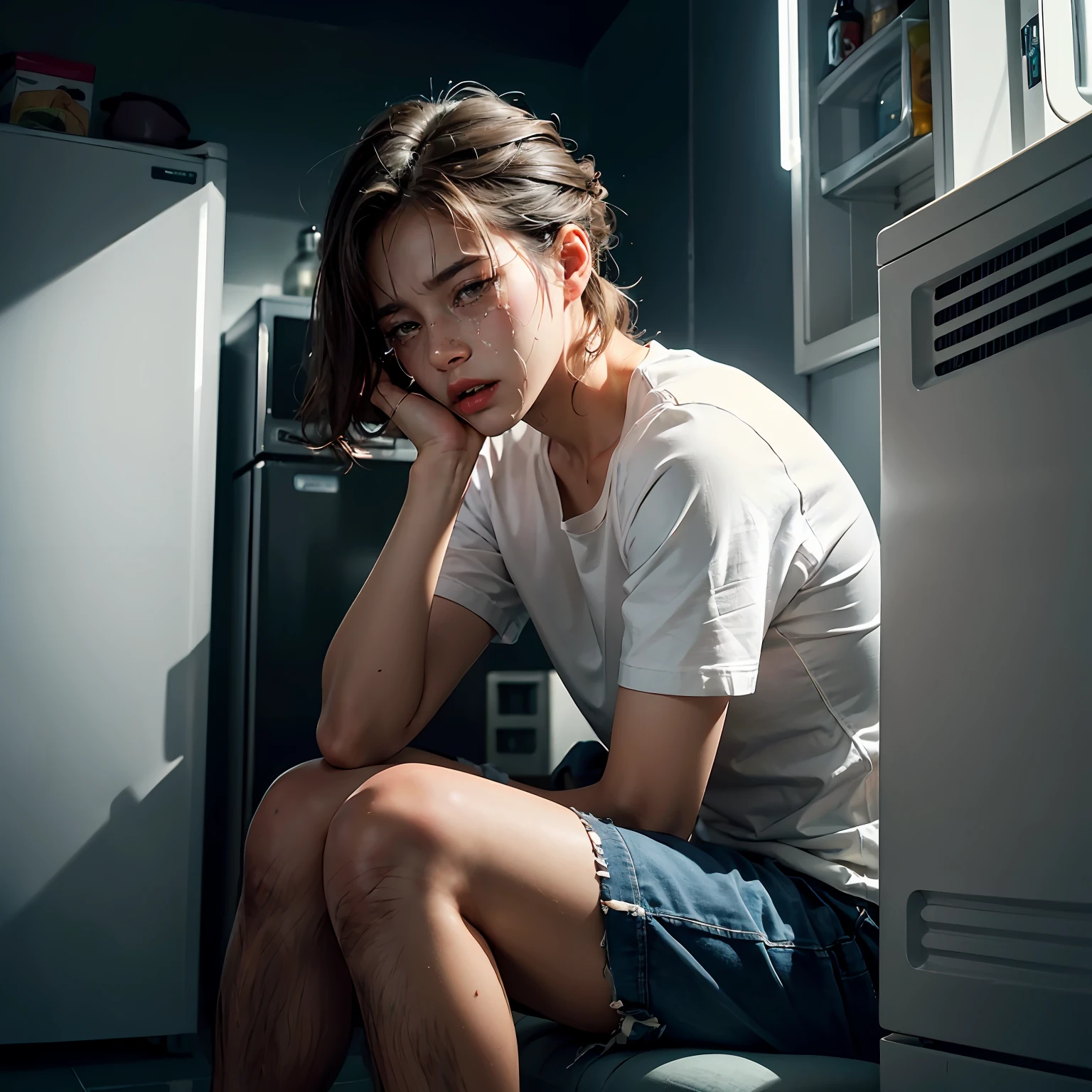22yr old man sitting alone in a corner of the apartment, crying rigorously, sobbing, tears visible, emotional pain, fridge open, no food, no electricity, scared, terror, (natural skin texture, hyperrealism, soft light, sharp), night time, 1 light bulb illuminination