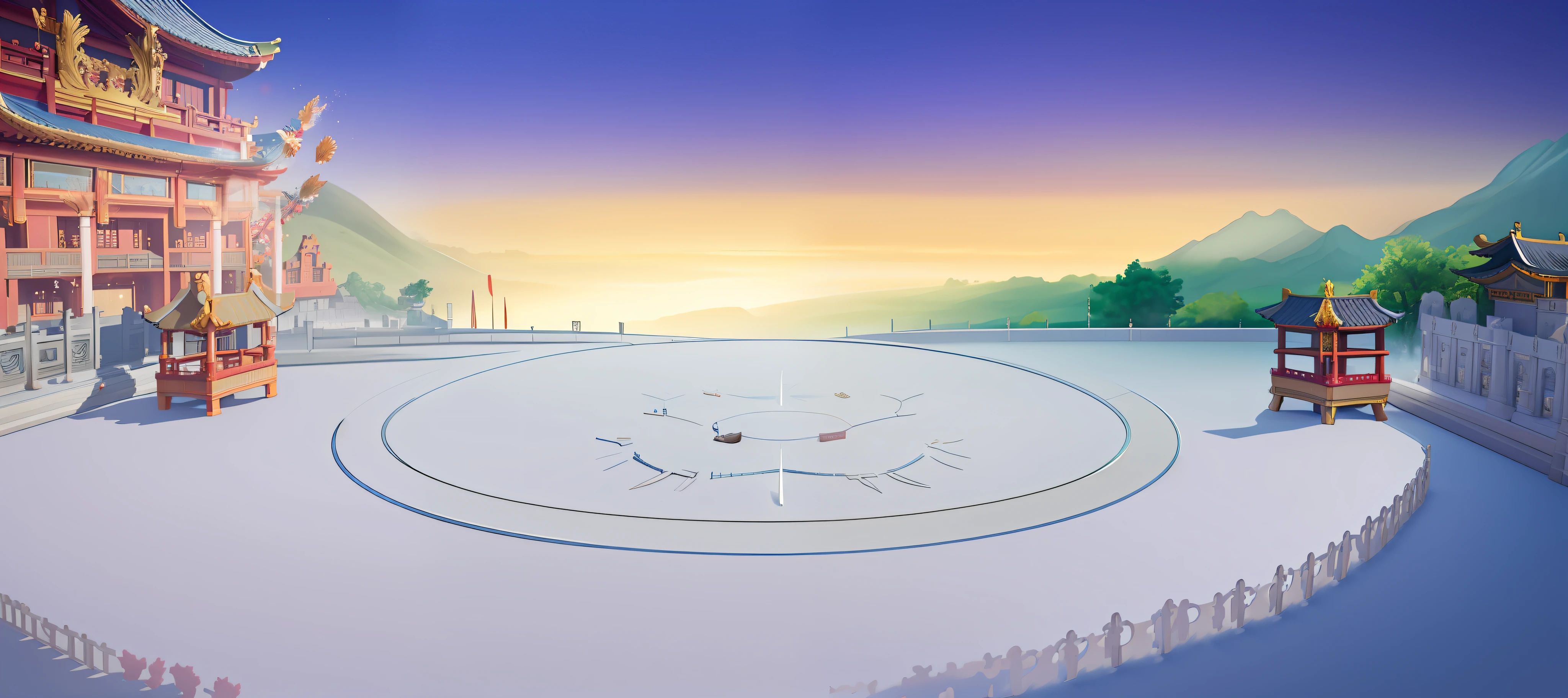 there is a picture of a chinese building with a circular design, odin's stone arena background, arena background, palace background, light kingdom backdrop, stunning arcanum backdrop, magical battlefield background, temple background, island background, royal garden background, ballroom background, Dawn background, coliseum background, Empty background, volley court background, background aerial battle, game background