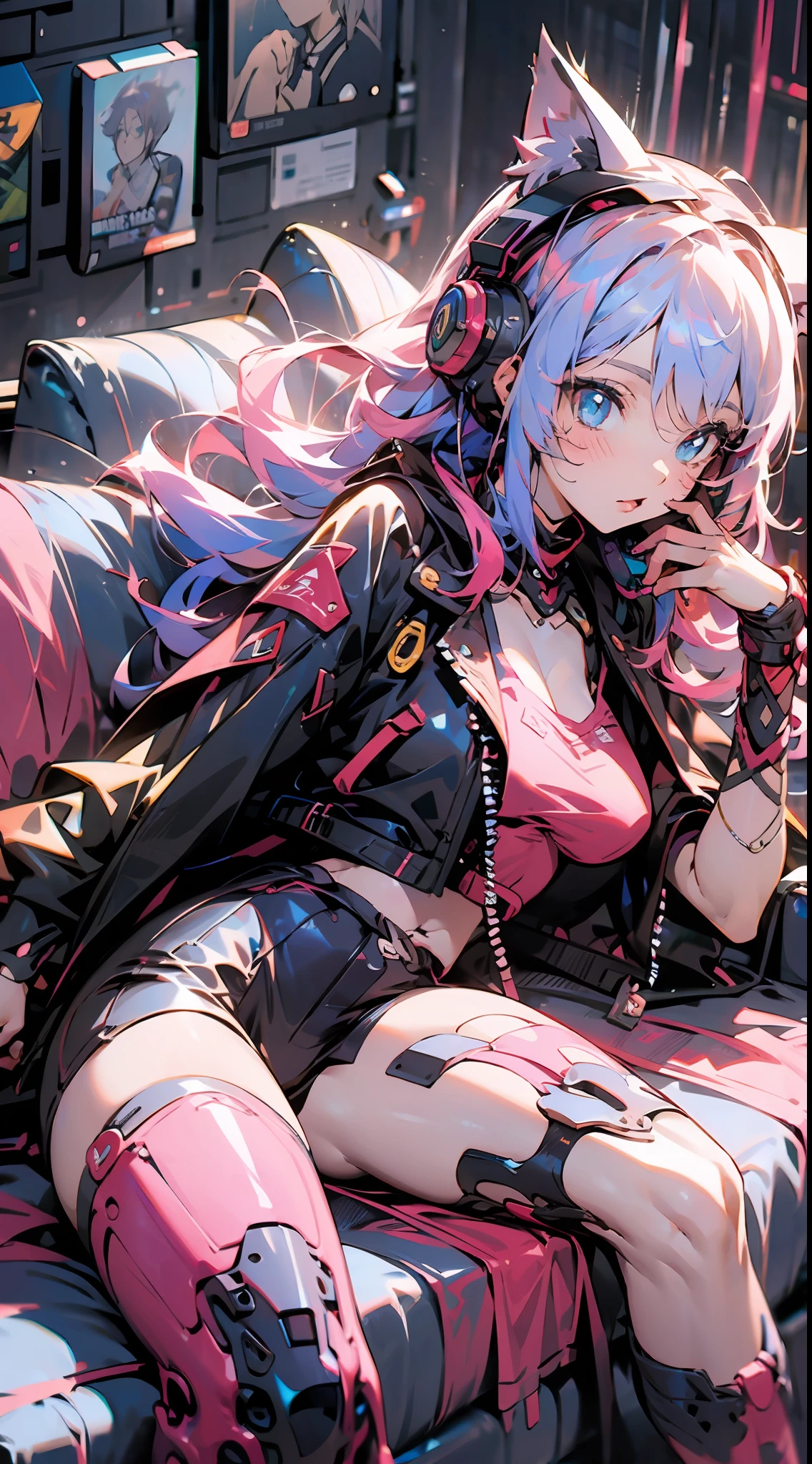 (agirl), Long colored curly hair, Light red eyeshadow, To have moles, Delicate, beautiful and not blurred face, Black pupils, Blue eyes, White mink cropped leather jacket, There are tattoos on the back of the hands, With pink glowing cat ear headphones,Lie down on a sofa, Holding a Switch console,Cute cats,The room was piled with all kinds of manga magazines,There is Mario on the wall、Final Fantasy、Osaide and other game posters and PS game disc boxes,(Heavily detailed:1.3), Modern, Tonalism, Realism, Ray tracing, full bloom, projected inset, Footage looking down from above, 135mm, f/16, ultra high def, 巨作, ccurate, Textured skin, Super detail, 8K