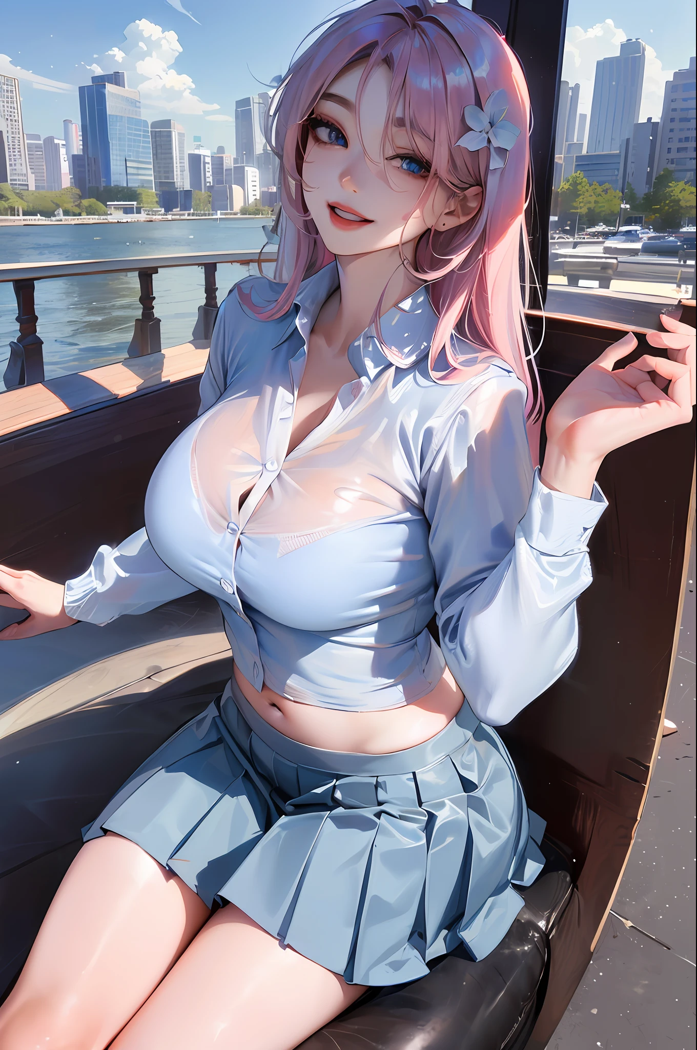 official art, masterpiece, sharp focus, (beautiful gorgeous cute Korean woman:1.3), (beautiful cute korean:1.3), korean beauty, Delicate and beautiful hair and eyes and face, realistic, ultra detailed, beautiful girl, blue sky, glow white particle, (sidelighting:1.2), sun light, white cloud, detailed clouds, slender, Lovely very large breasts and very large hips, smile with teeth, ((smile with eyes, open both eyes)), scenery, long straight hair, sexy facial expression, building, (cityscape:1.7), dynamic hair, long straight hair, detailed platinum pink hair, glow blue eyes, (blue pleated shirts + white skirt), white long socks, pale skin, hair ornament, epic scenery,