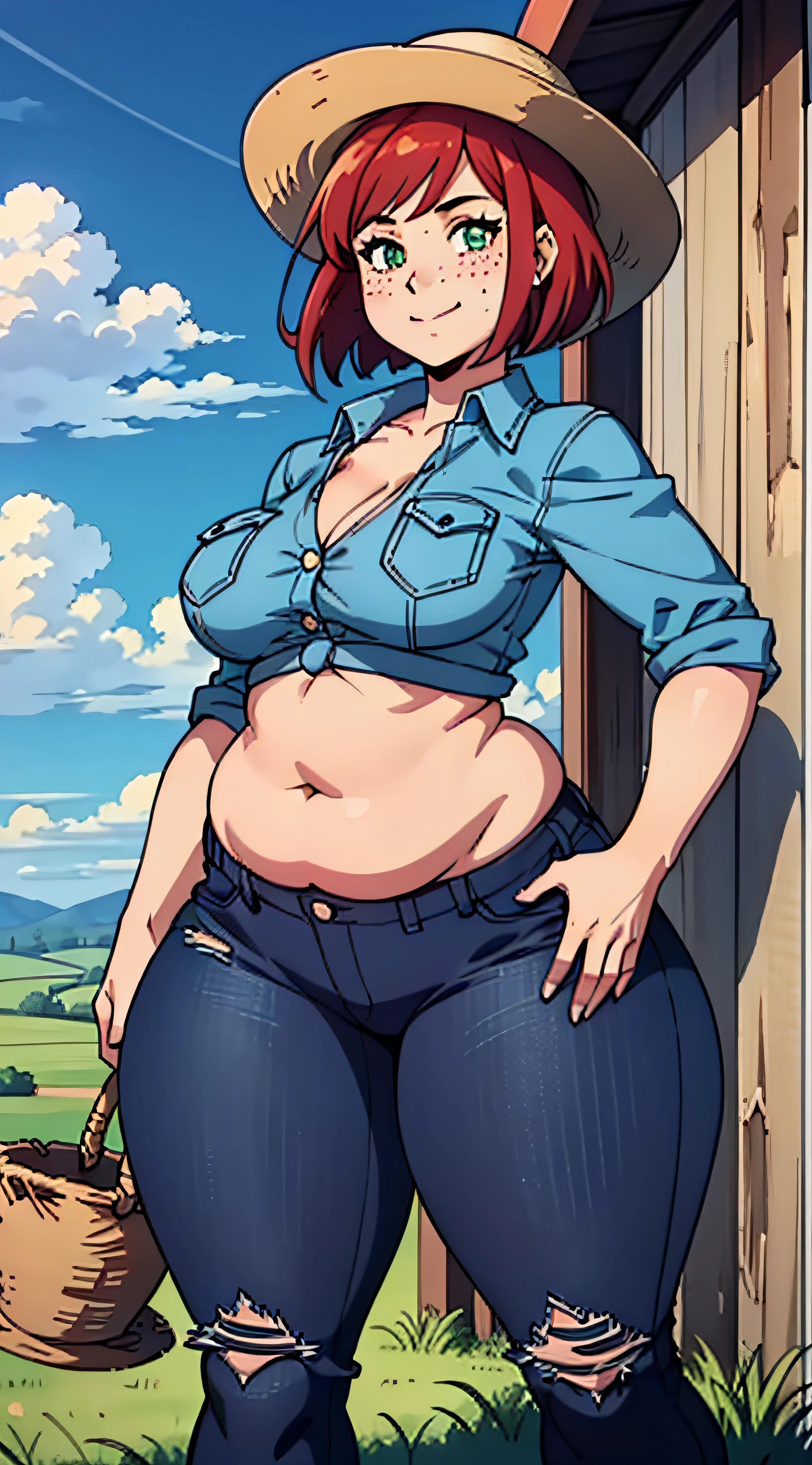 Masterpiece, high quality, best quality, beautiful, HD, perfect lighting, detailed face, ultra cute face, detailed body, ((1girl)), ((solo)), red hair, short hair, bob cut, bangs, freckles, green eyes, plaid button up shirt, jeans, leather boots, straw hat, looking at viewer, seductive smile, (blush), affectionate, flirting, medium breasts, cleavage, perky breasts, ((thicc)), (((pudgy))), pudgy tummy, belly overhang, belly rolls, she has a jiggly fat belly, ((((wide hips)))), (((((thick thighs))))), she has a fat ass, ((tight jeans)), barn in the background, big open sky, farm land, daytime, sunny, farm girl, hand on hip, vibrant color, anime,