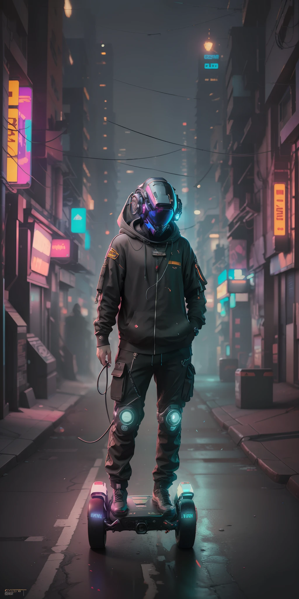 (masterpiece, full body shot, intricate raw photography) Cyberpunk citizen, comfortable oversize black hoodie, black cargo pants, black clothes, dark, wearing a black helmet hitech style Astronaut, intricate, futuristic, advanced technology, dark environment, dramatic, light and shadow, cinematic, action movie, sharpness, random relaxed position, Cyberpunk City, street lights, dark street, night, Insta photo, photo of the year, octane render, substance, Maya 3D, cinema4D, ArtStation Trending, Devian Art Trend, riding hoverboard, graffiti painting