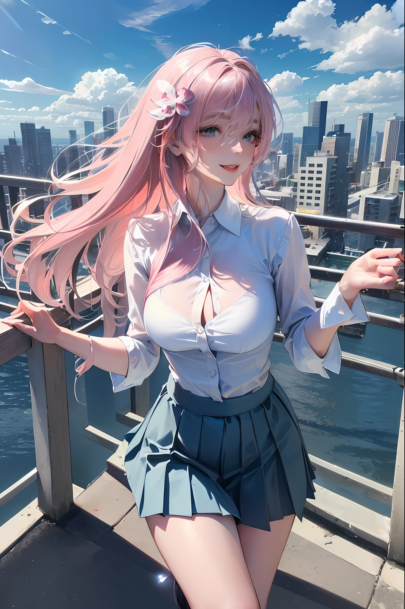 official art, masterpiece, sharp focus, (beautiful gorgeous cute Korean woman:1.3), (beautiful cute korean:1.3), korean beauty, Delicate and beautiful hair and eyes and face, realistic, ultra detailed, beautiful girl, blue sky, glow white particle, (sidelighting:1.2), sun light, white cloud, detailed clouds, slender, Lovely very large breasts and very large hips, smile with teeth, ((smile with eyes, open both eyes)), scenery, long straight hair, sexy facial expression, building, (cityscape:1.7), dynamic hair, long straight hair, detailed platinum pink hair, glow blue eyes, (blue pleated shirts + white skirt), white long socks, pale skin, hair ornament, epic scenery,