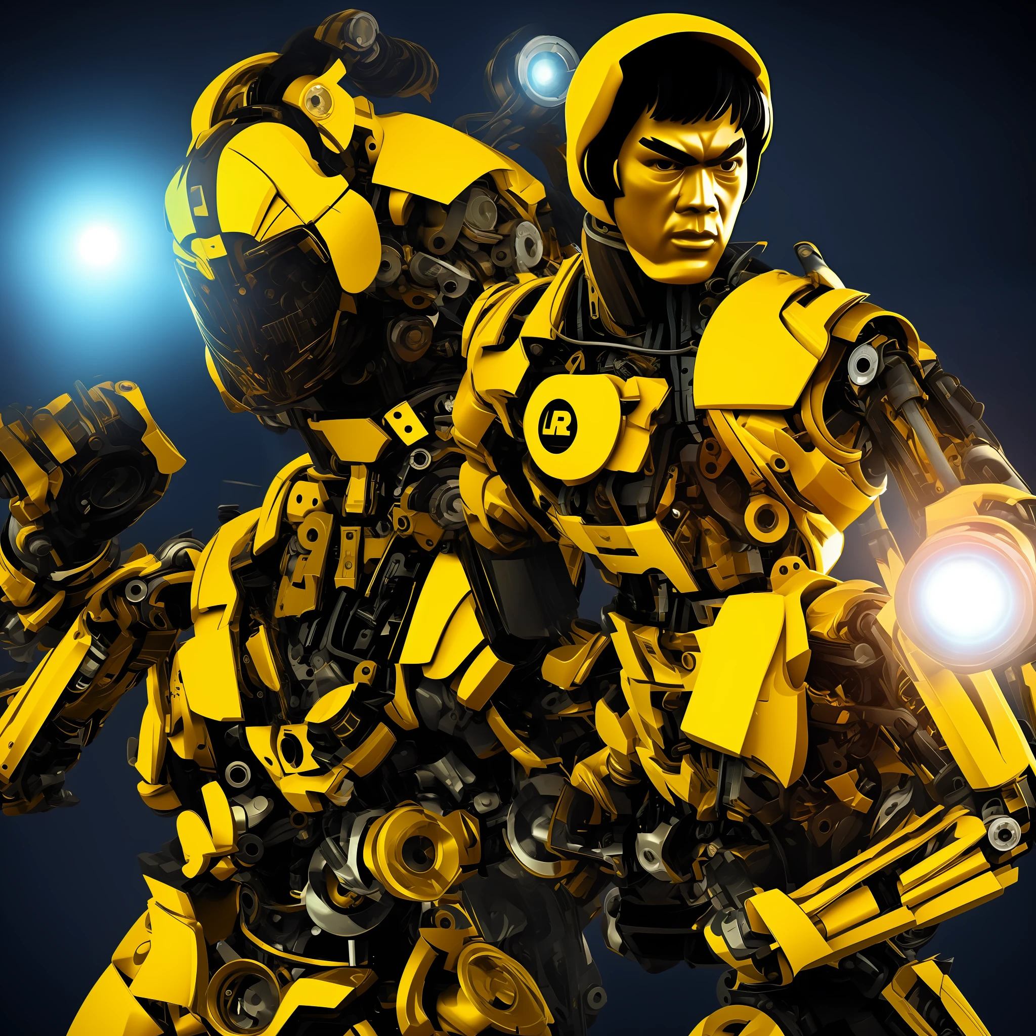 Half of Bruce Lee's body is mechanical armor,Heavy lens flares,bleeding,filmgrain