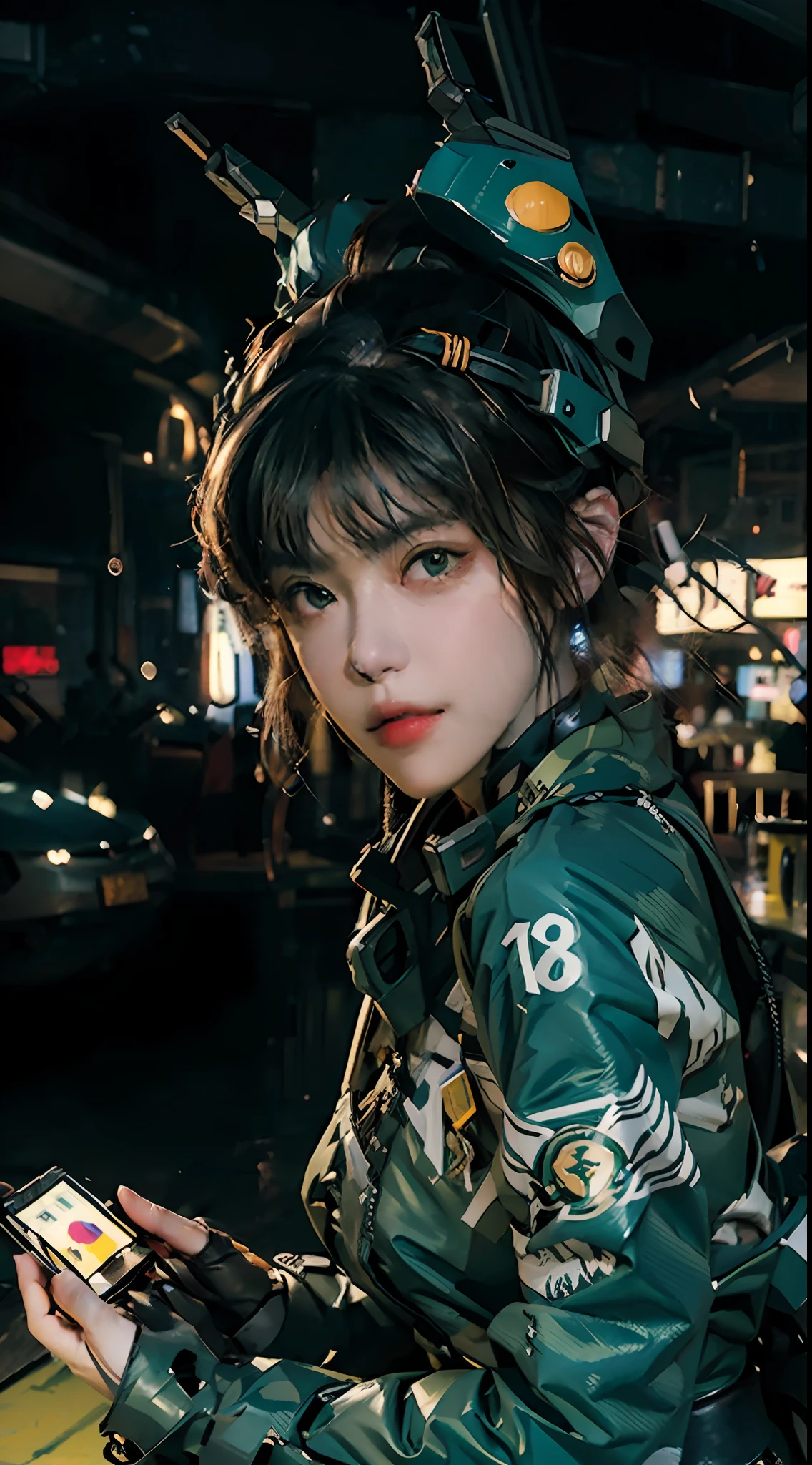 Highest image quality, outstanding details, ultra-high resolution, (realism: 1.4), the best illustration, favor details, highly condensed 1girl, with a delicate and beautiful face, dressed in a black and green mecha, wearing a mecha helmet, holding a directional controller, riding on a motorcycle, the background is a high-tech lighting scene of the future city.