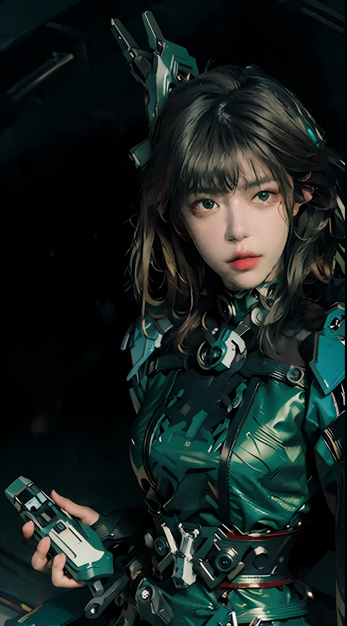 Highest image quality, outstanding details, ultra-high resolution, (realism: 1.4), the best illustration, favor details, highly condensed 1girl, with a delicate and beautiful face, dressed in a black and green mecha, wearing a mecha helmet, holding a directional controller, riding on a motorcycle, the background is a high-tech lighting scene of the future city.