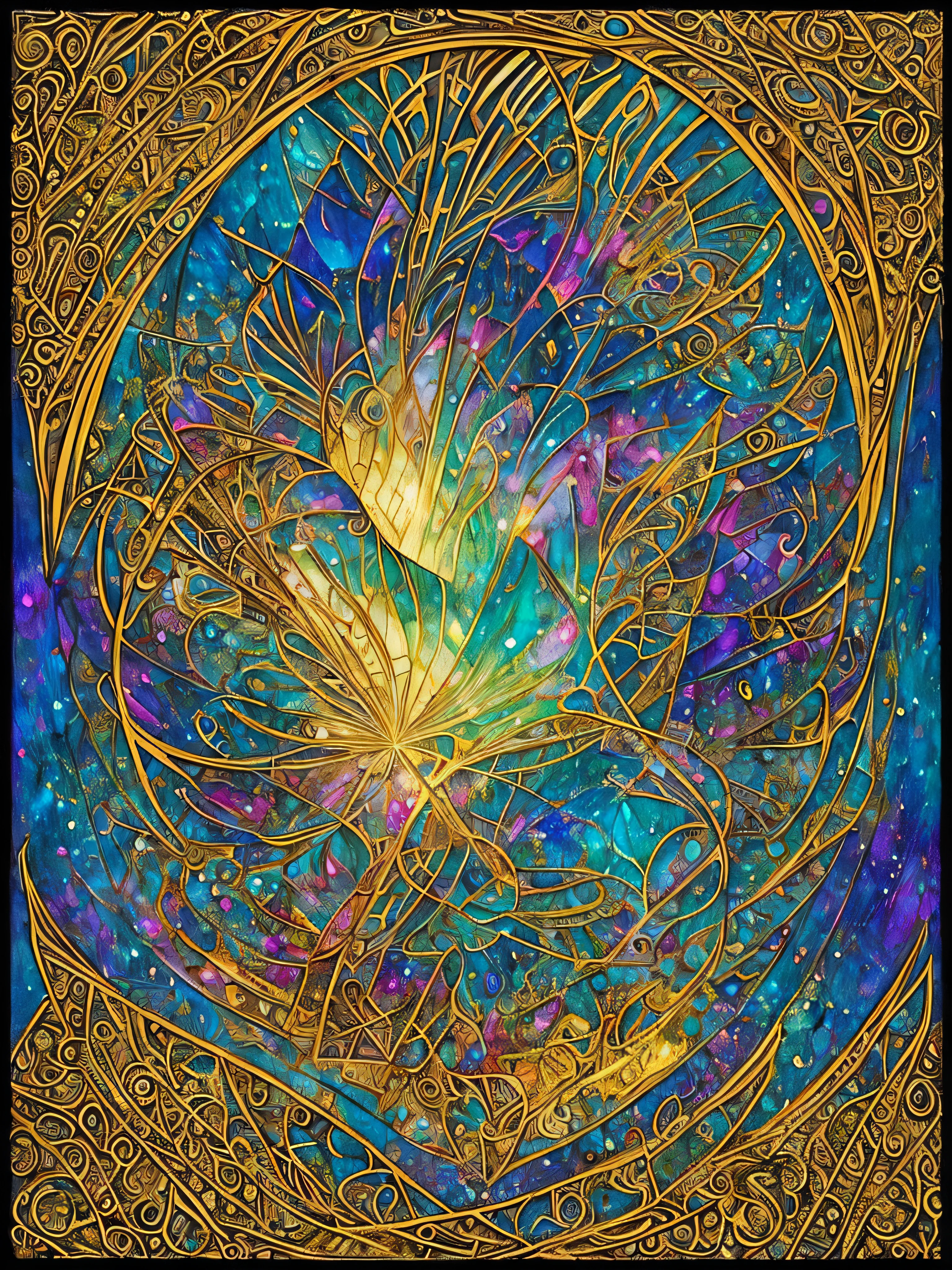(masterpiece, top quality, best quality, official art, beautiful and aesthetic:1.2) , green skin godess and god ,children ,extreme detailed,colorful,highest detailed, official art, unity 8k wallpaper, ultra detailed, beautiful and aesthetic, beautiful,fractal art, masterpiece, best quality, (zentangle, mandala, tangle, entangle) ,holy light,gold foil,gold leaf art,glitter drawing,stained glass , PerfectNwsjMajic ,dwelling place of ancient beings ,as above so below ,three dimensional,hyperdimension ,panorama view,dept and field ,timetraffeling , past and future form,formless,dimension x , protoculture ,symbiosis,Epic cinematic brilliant stunning intricate meticulously detailed dramatic atmospheric maximalist realistic organic climactic effervescent bubbling dripping splashing exploding bubbles of firework and rocks,astrology signs ,tarot , Lady Frieda Harris .
