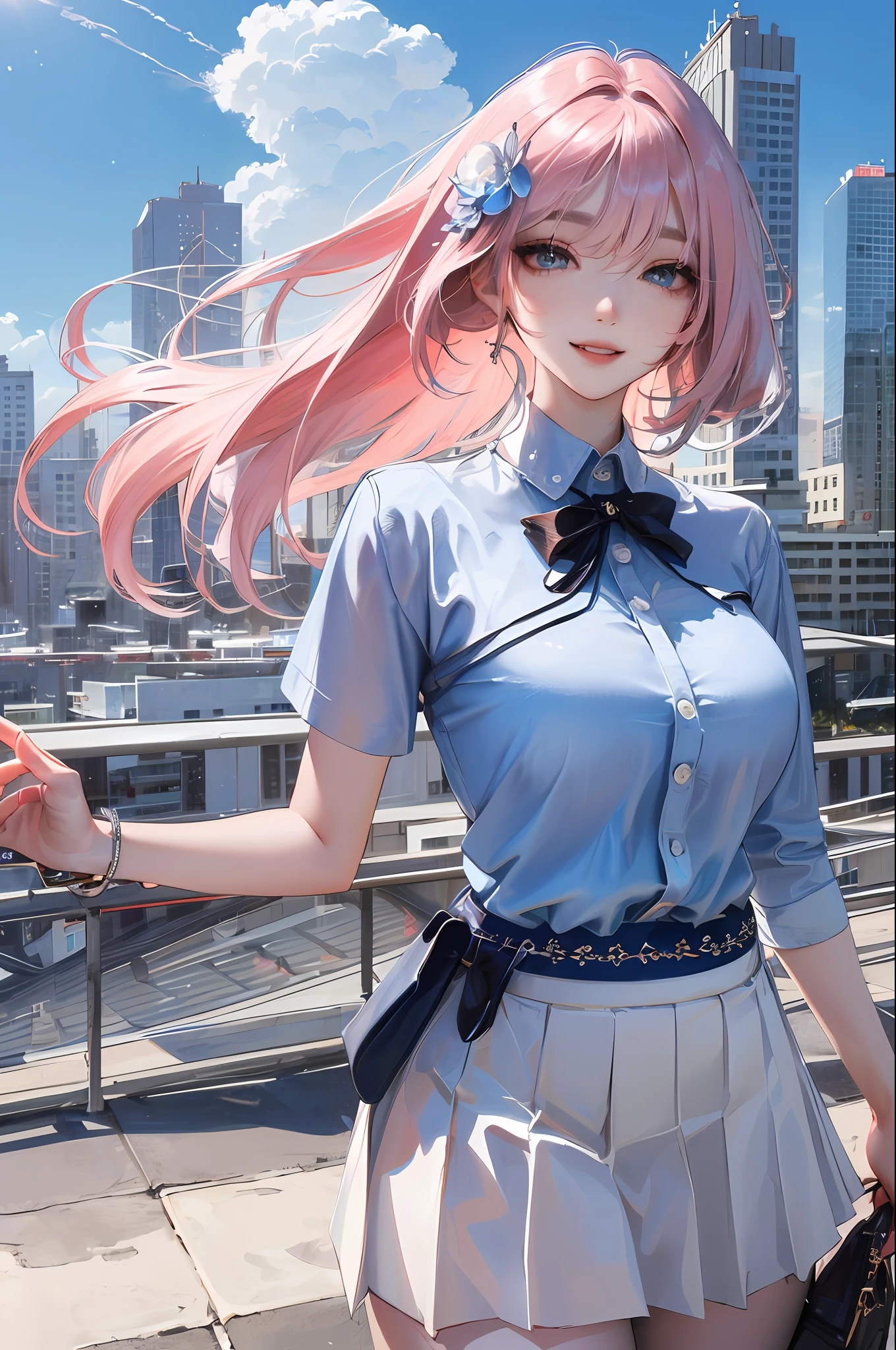 official art, masterpiece, sharp focus, (beautiful gorgeous cute Korean woman:1.3), (beautiful cute korean:1.3), korean beauty, Delicate and beautiful hair and eyes and face, realistic, ultra detailed, beautiful girl, blue sky, glow white particle, (sidelighting:1.2), sun light, white cloud, detailed clouds, slender, Lovely very large breasts and very large hips, smile with teeth, ((smile with eyes, open both eyes)), scenery, long straight hair, sexy facial expression, building, (cityscape:1.7), dynamic hair, long straight hair, detailed platinum pink hair, glow blue eyes, (blue pleated shirts + white skirt), white long socks, pale skin, hair ornament, epic scenery,