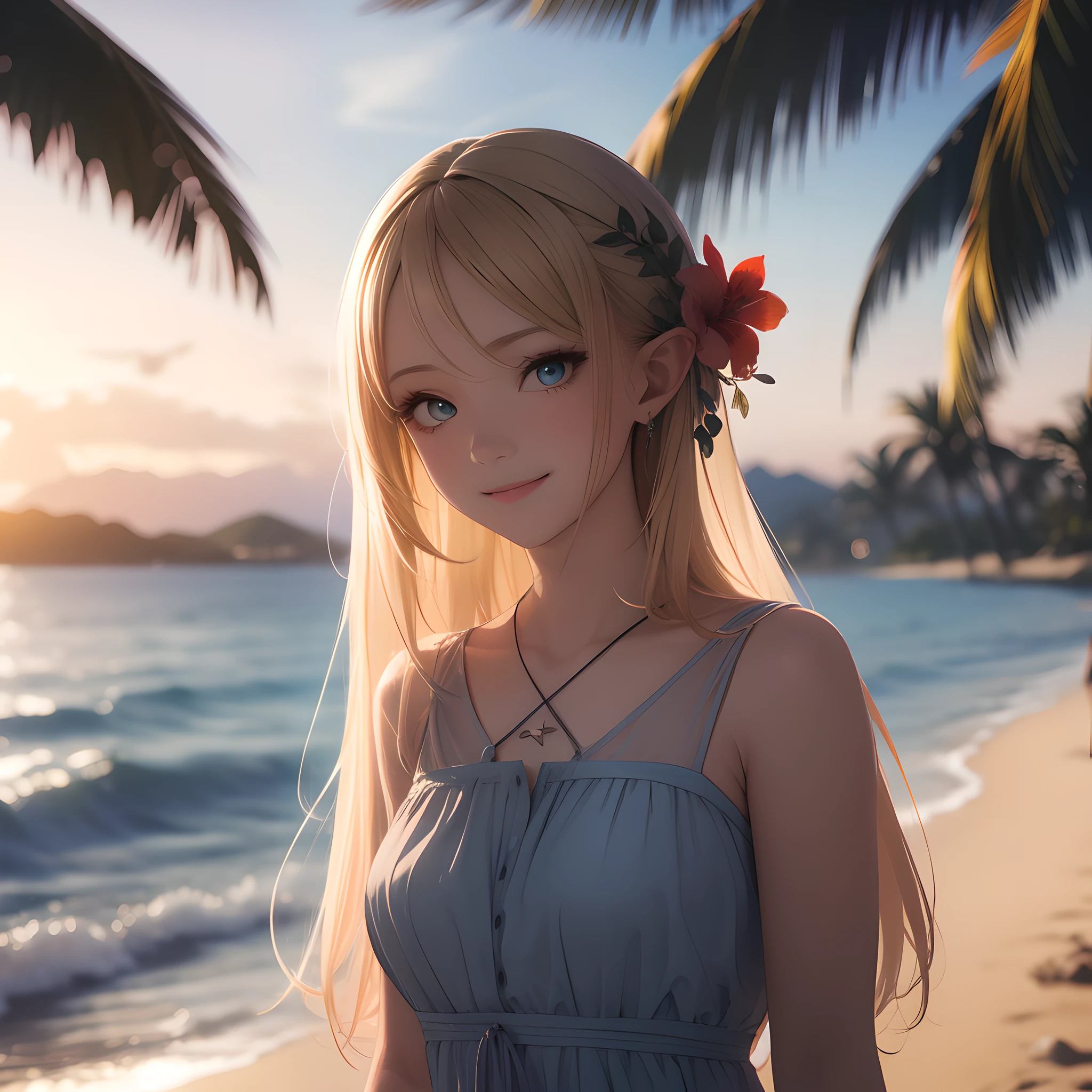 Visually correct、fantasy art behance、lense flares、a scene from a movie、Shot in a tourist spot where you can feel summer、yama、Tropical beaches、Palm trees、hibiscus、walk、sunset、(Realistic:1.2)、pastel drawing、(blur:1.7)、(grn:1.3)、
absurdist, Hi-Res, Ultra-detailded, (Cute 1 girl:1.3)、elvish、Beautiful long blonde hair、transparent haired、(beautiful cute eyes:1.3)、Beautiful skins、(makeup:1.1)、a smile、独奏、Dynamic angles、Refreshing、summer  dress、