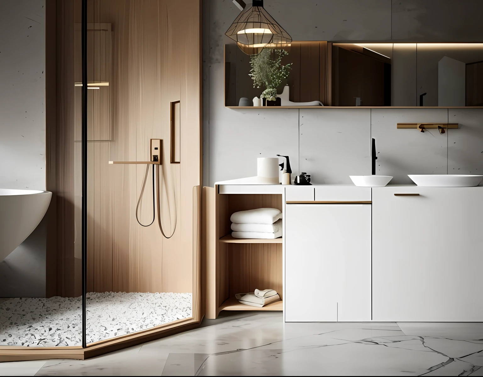 The bathroom includes a washing machine，Black border diamond shaped glass shower cabin，Nordic style，Original wood color furniture，modern minimalist f 2 0 clean, glossy white，natural lights，SleekDesign, modern minimalist f 2 0, clean and neat, Perfect design, excellent 3d render, modernsimplicity