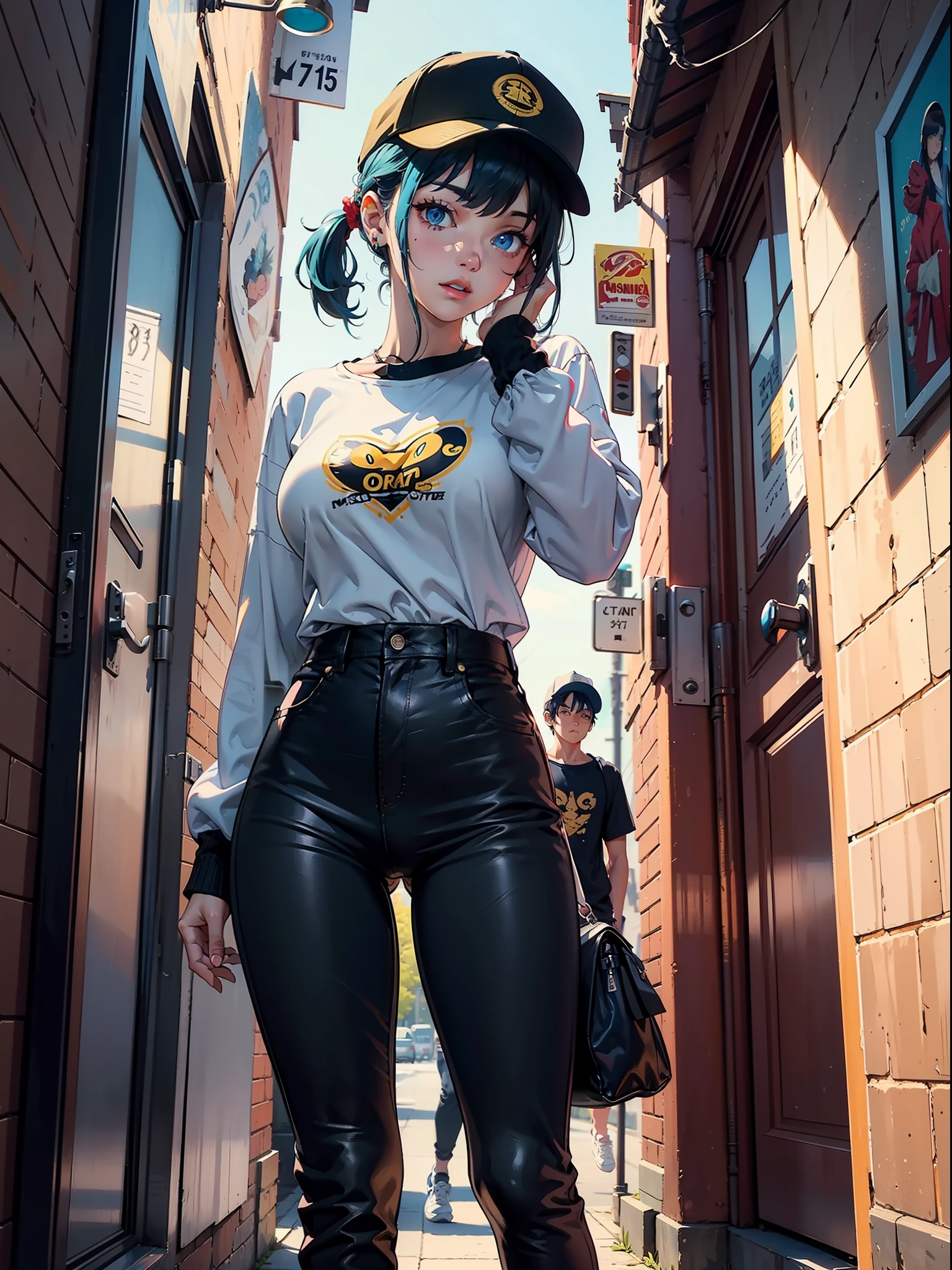 (A boy:Black hair,Blue eyes,Delivery guy in yellow takeaway T-shirt),(action:Slapped the girl),(schoolgirl:Blue hair,Hair tied up,White cap,The face is cold,Wearing gray long sleeves,(Black leather pants),big breasts thin waist,Slender and straight legs,Wide crotch,White canvas shoes),((masterpaintings)),(8K quality)