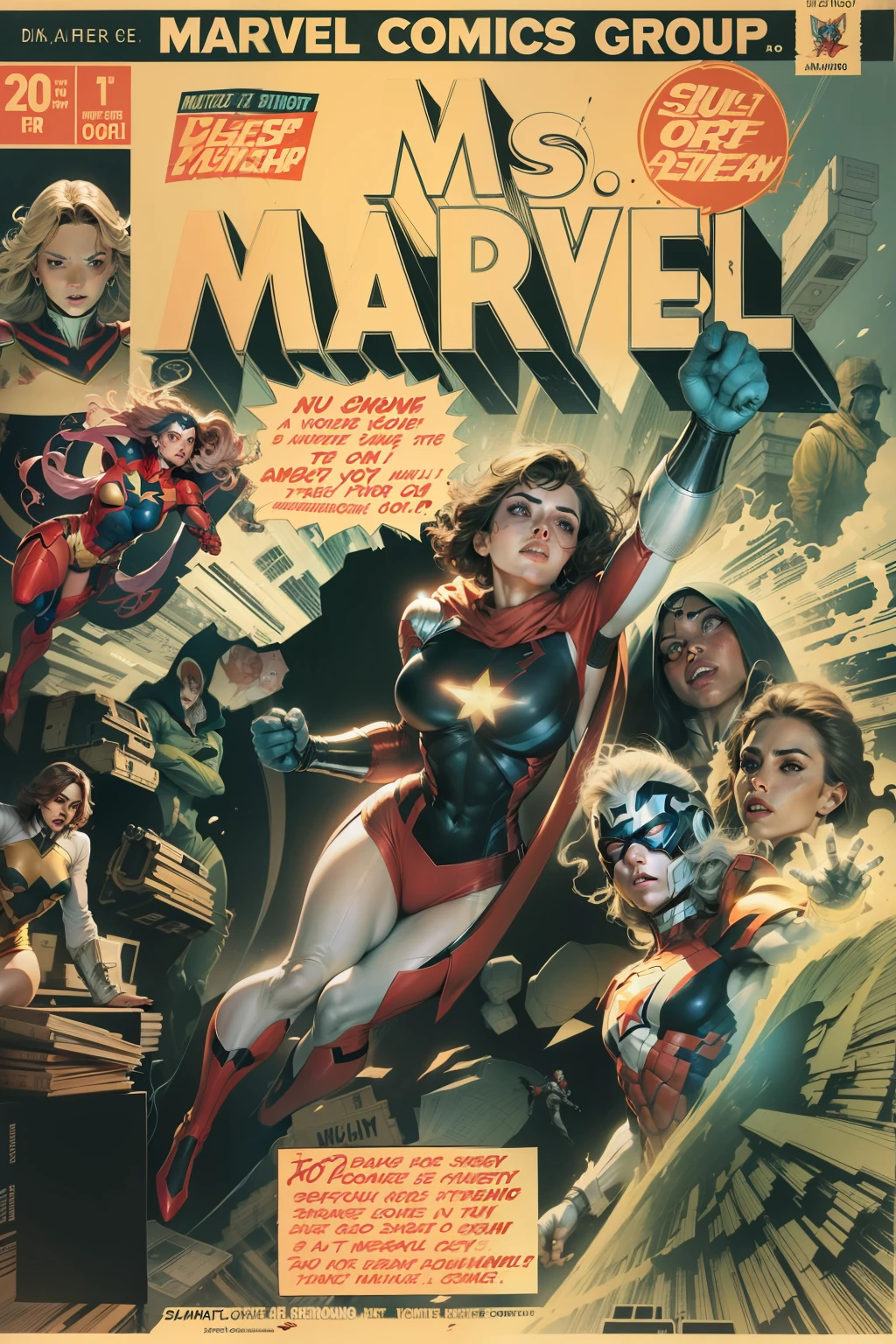 portada de comic Marvel, mujer volando, Superhero Group, muchos personajes, poses dinamicas, espectacular, fantasy, Science-Fiction, --auto