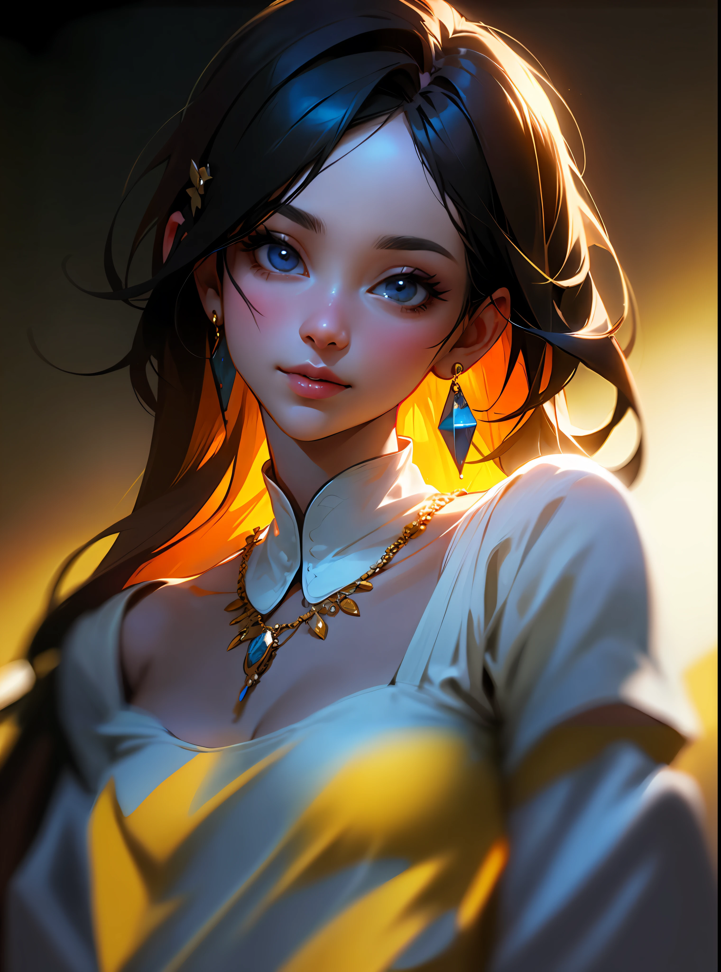 Upper body body，Yellow clothes，Exposed shoulder