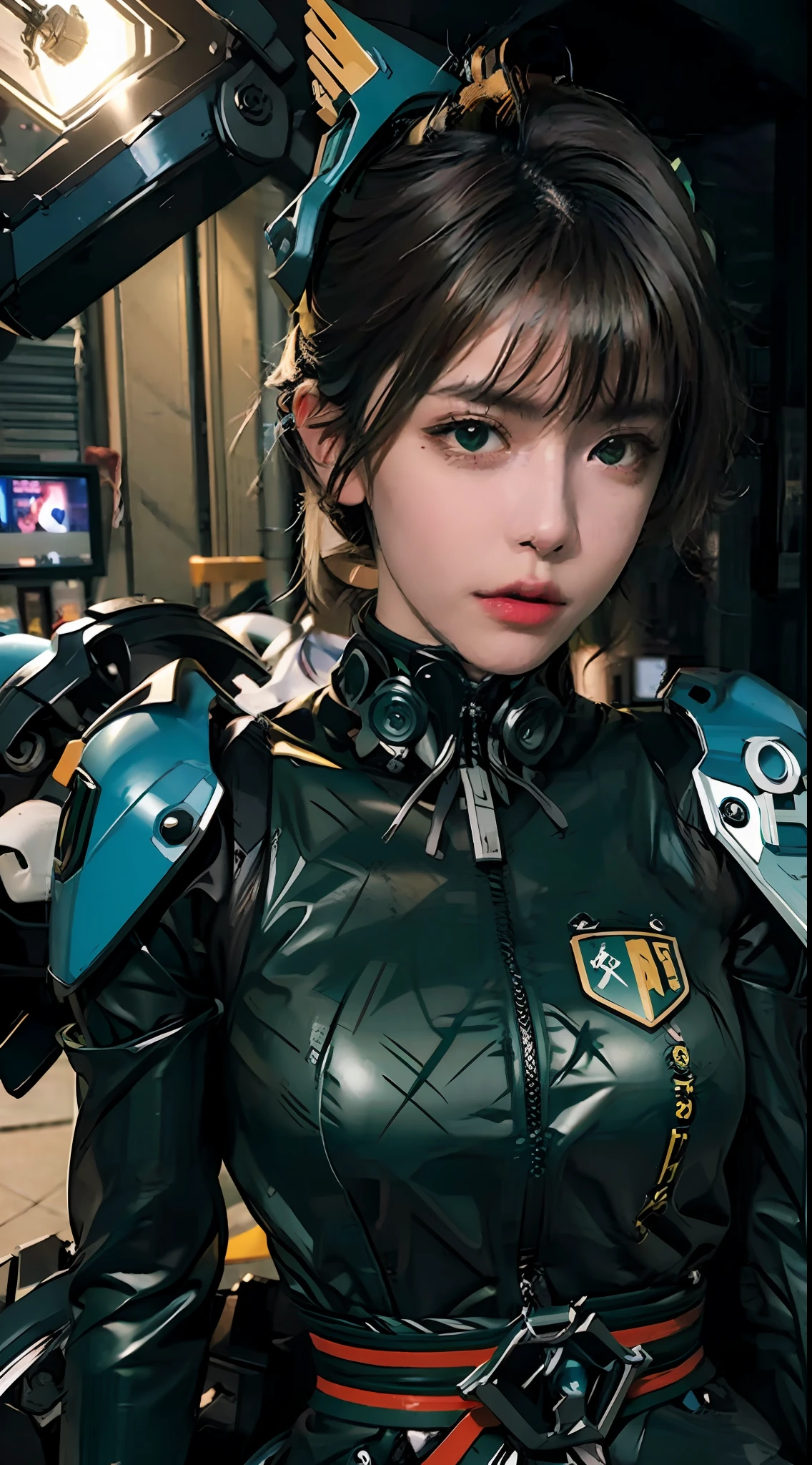 Highest image quality, outstanding details, ultra-high resolution, (realism: 1.4), the best illustration, favor details, highly condensed 1girl, with a delicate and beautiful face, dressed in a black and green mecha, wearing a mecha helmet, holding a directional controller, riding on a motorcycle, the background is a high-tech lighting scene of the future city.