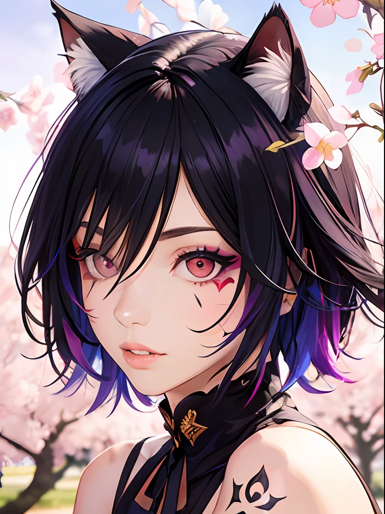 1girl, rainbow hair, cat ears, animal ears, animal ear fluff, emo punk style, makeup, dark skin, facial mark, hair between eyes,lips, looking at viewer,neck tattoo, parted lips, red eyes,short hair, slit pupils, solo, specular highlights, cherry blossoms, summer breeze, official art, best quality, rim lighting, side lighting, shine, bloom