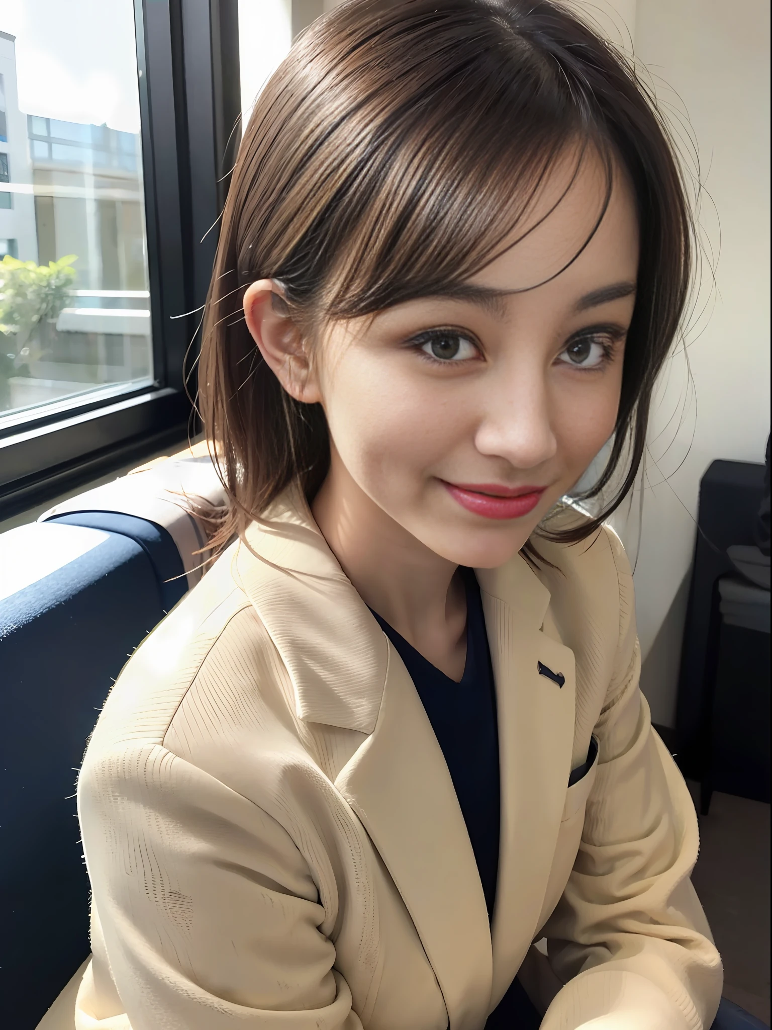 (Maste Piece:1.3), (8K, Photorealistic, Raw photography, Best Quality: 1.4), japanease, Beautiful face, (Lifelike face), (Medium hair:1.3), Realistic eyes, Beautiful eyes, (realskin), Beautiful skin, Ultra high definition, Hyper-realistic, Hi-Def, Beautiful Japan Woman、Navy suit、White Business Shirt、JCB、trousers、(forcusfrom behind:1.4)、Office、sitting on、a smile、