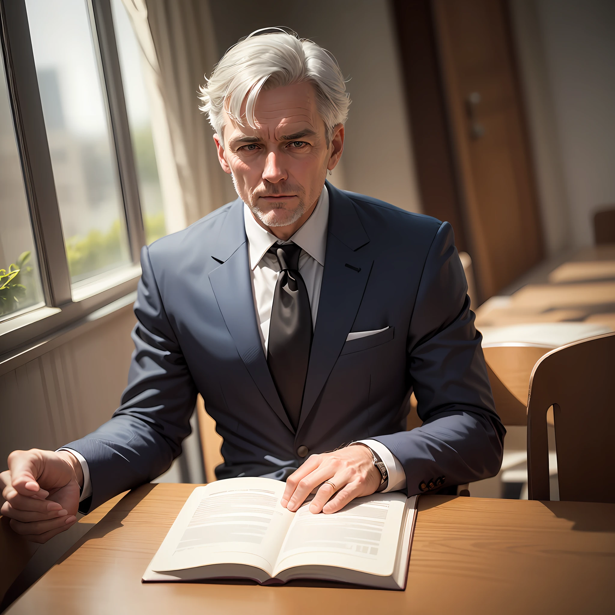 Middle-aged white man with gray hair,formalsuit,Sit at the table and read a book --auto