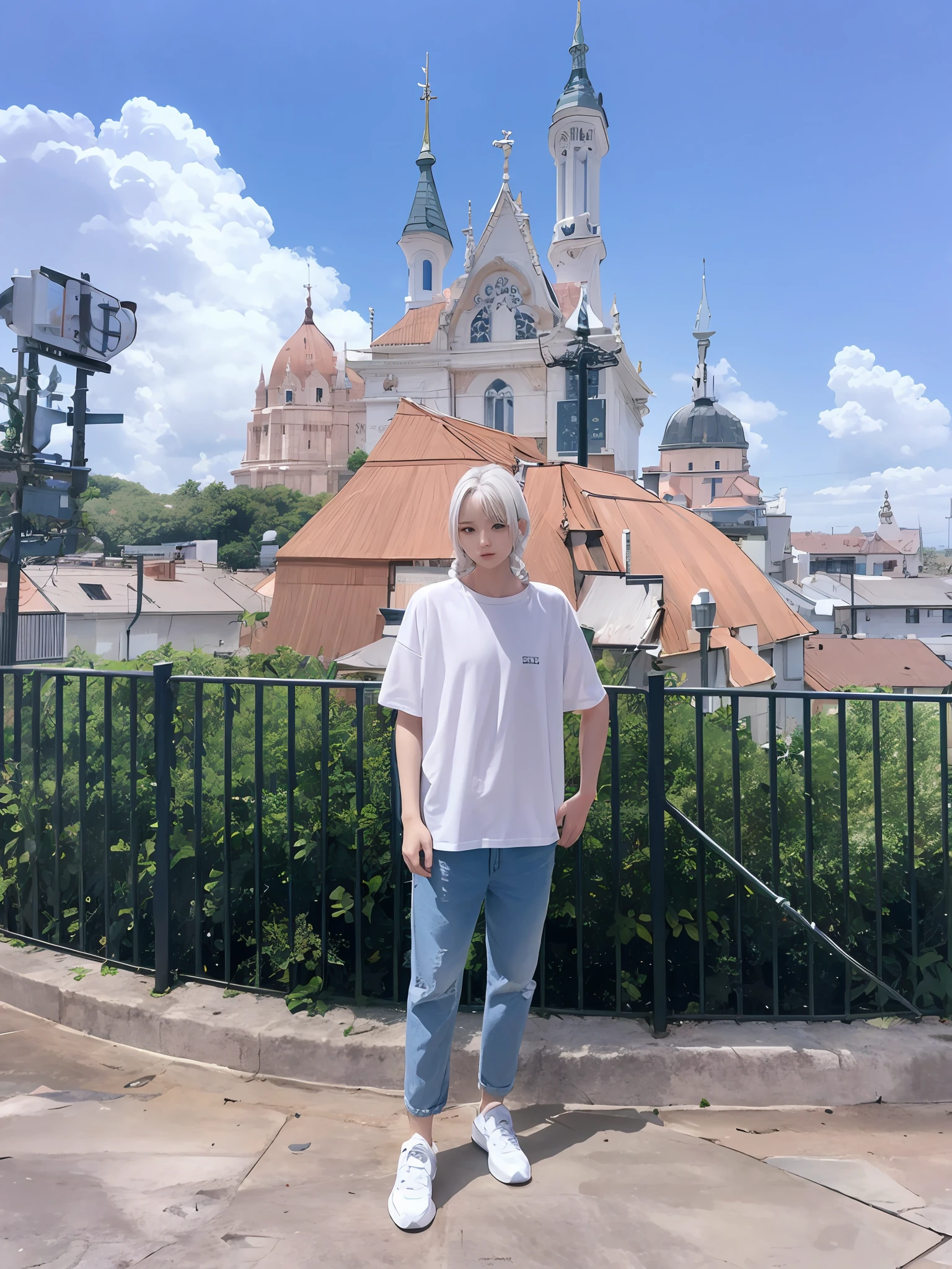 best quality, masterpiece,white hair, gold eyes,white clothes, looking up, upper body,hair strand,Fair skin,side braids